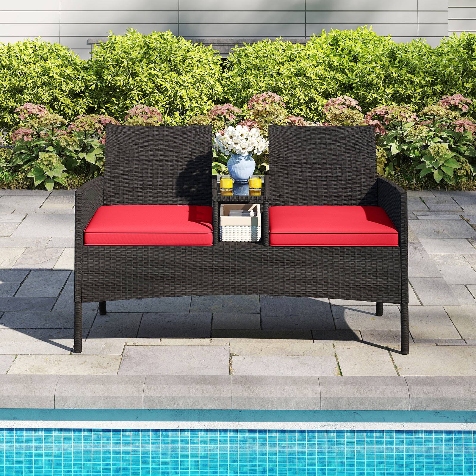 Front. Gymax - Gymax Patio Loveseat w/ Built-in Table Soft Cushions & Tempered Glass Tabletop Outdoor - Red, Black.