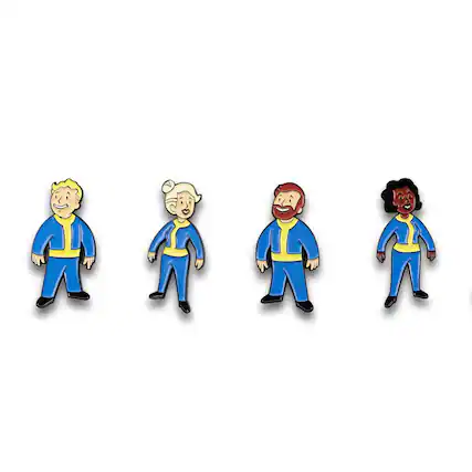 Front. Fallout - Fallout Vault Dweller Pins | Collectible Metal Enamel Pin Set | Includes 4 Pins - Blue.