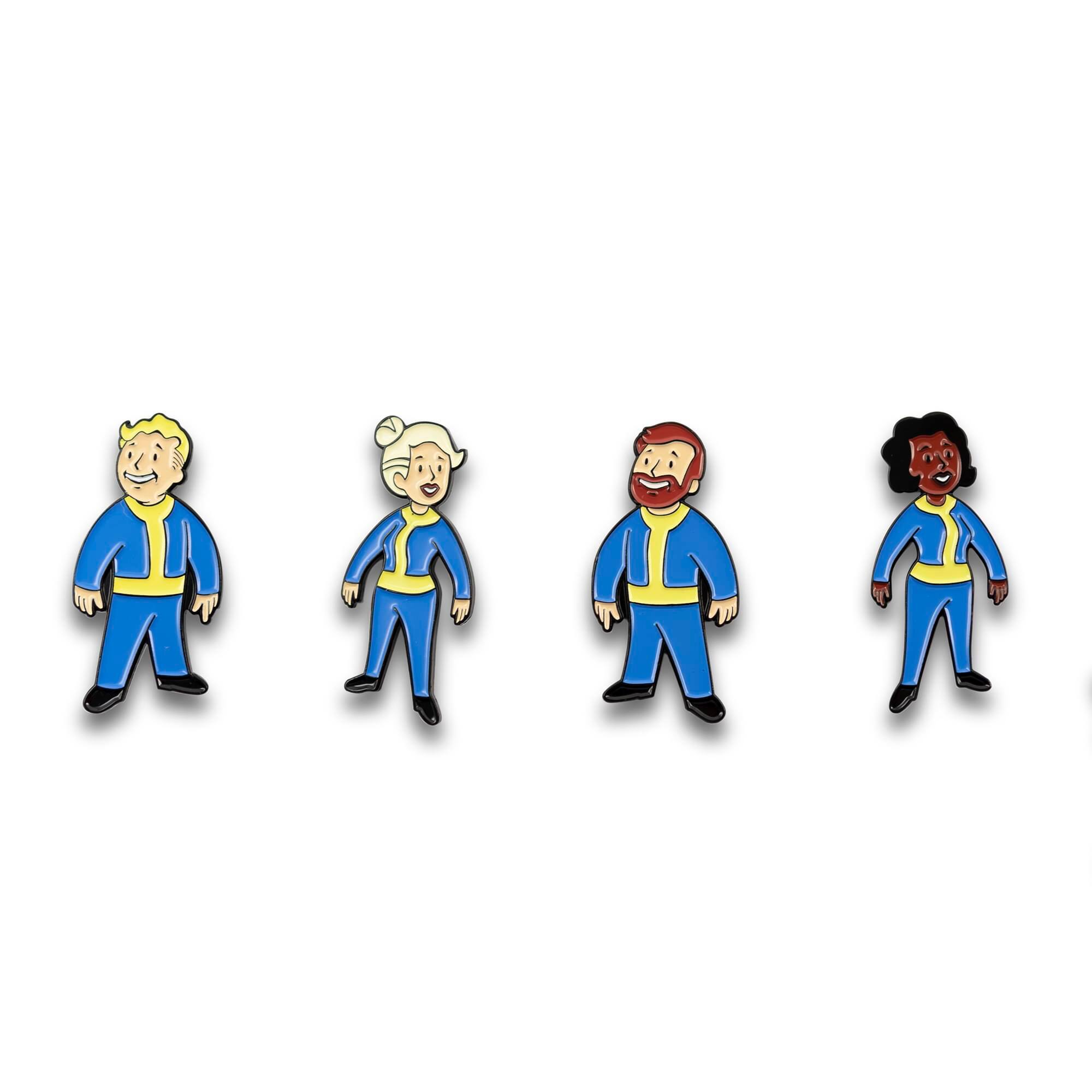 Front. Fallout - Fallout Vault Dweller Pins | Collectible Metal Enamel Pin Set | Includes 4 Pins - Blue.