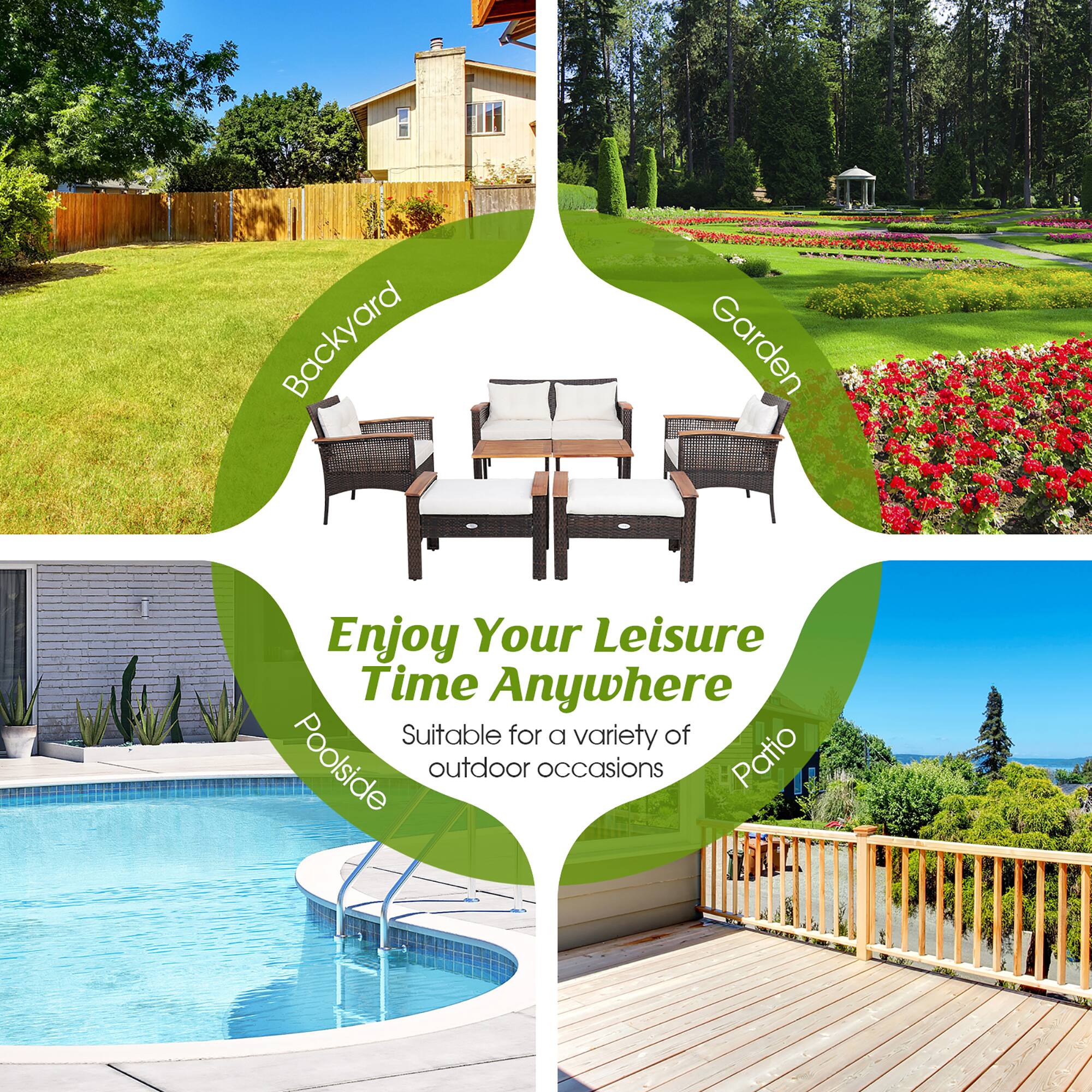 Enjoy Your Leisure Time Anywhere
Suitable for a variety of outdoor occasions
Backyard
Garden
Poolside
Patio