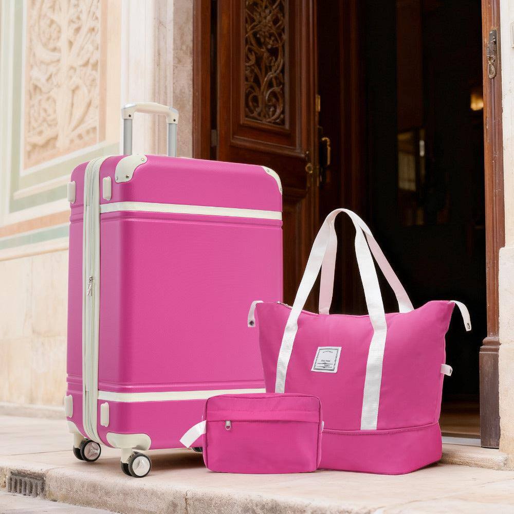 Angle. BreeBe - Hardshell Luggage Set with Bags, Lightweight Suitcase 24" with Double Spinner Wheels and TSA Lock, Vintage Design - Pink.