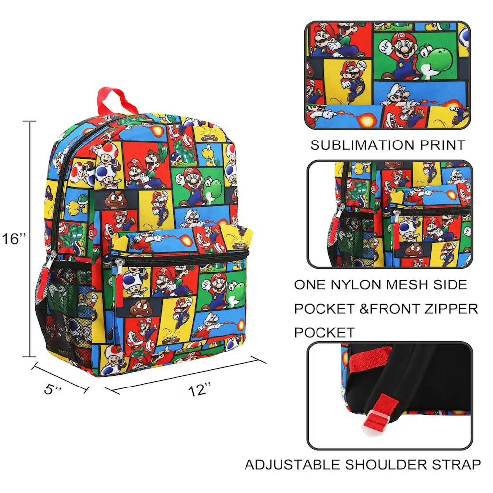 SUBLIMATION PRINT  
16"  
ONE NYLON MESH SIDE POCKET & FRONT ZIPPER POCKET  
5" x 12"  
ADJUSTABLE SHOULDER STRAP