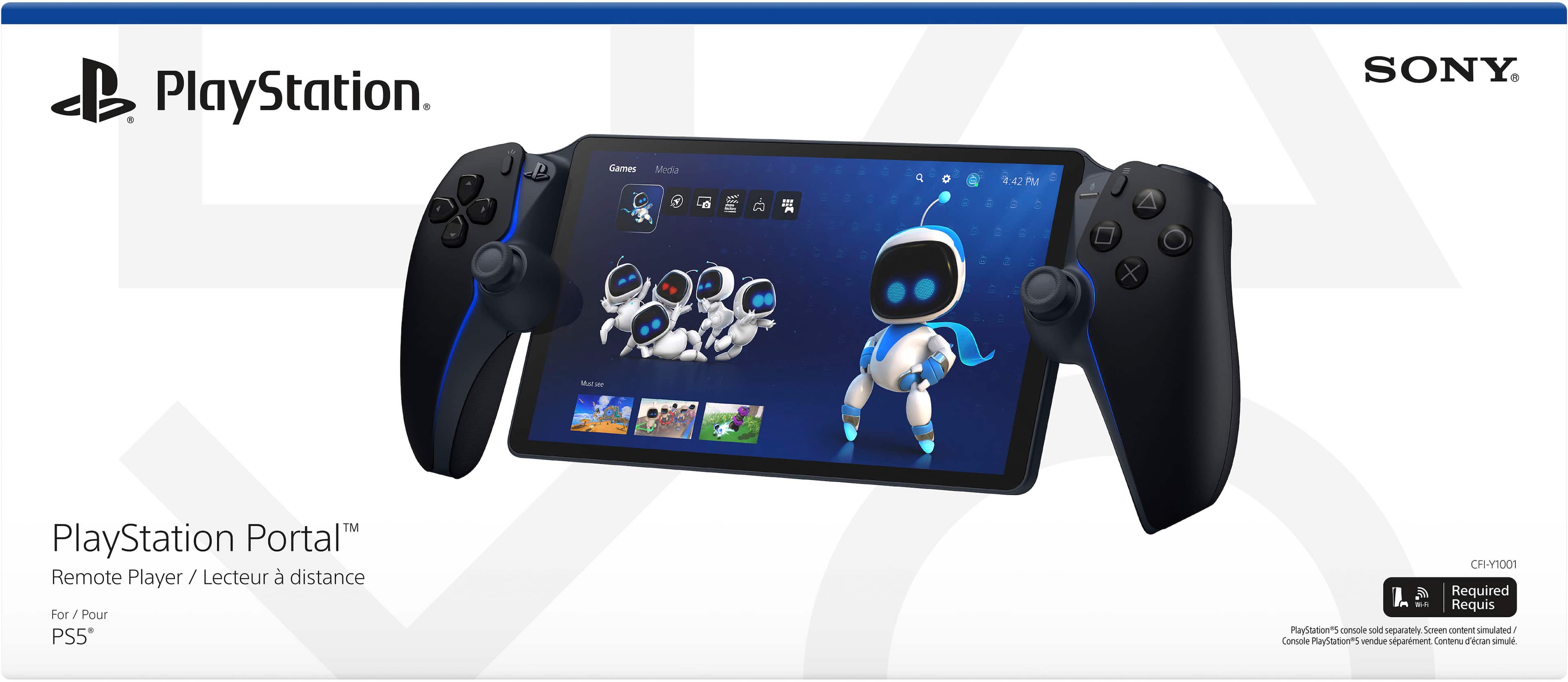 PlayStation. SONY PlayStation Portal Remote Player Player / Lecteur / distance For For/Pour / PS5 CFI-Y1001 I Required - Requis PlayStation"5 console sold separately Screen content simulated Comsole PlayStation"S vendue sparment Contenu Tecan simul.