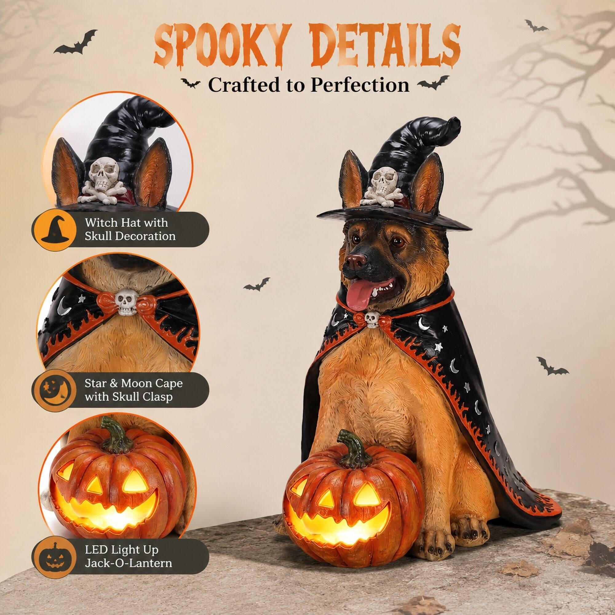 SPOOKY DETAILS  
Crafted to Perfection  

Witch Hat with Skull Decoration  
Star & Moon Cape with Skull Clasp  
LED Light Up Jack-O-Lantern