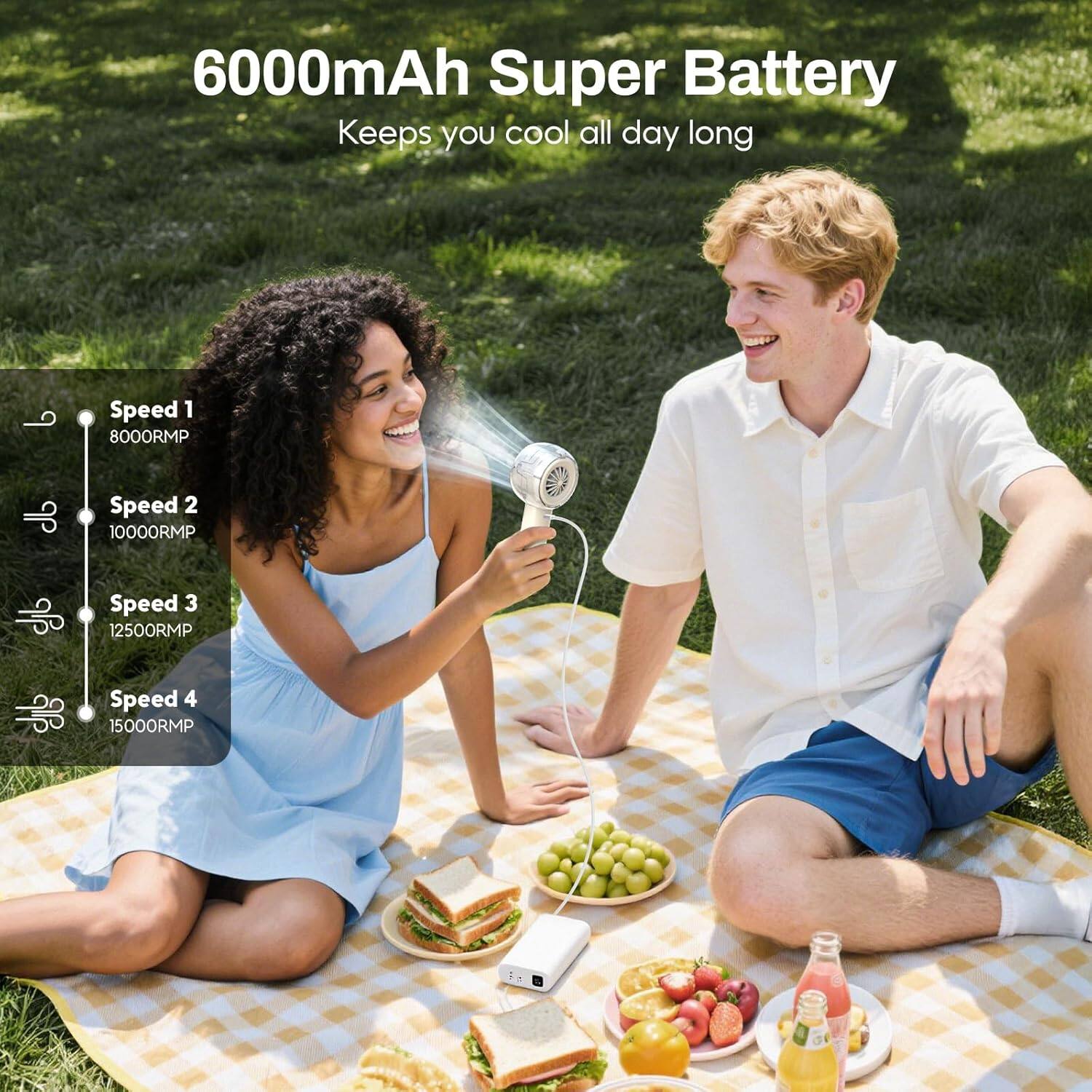6000mAh Super Battery  
Keeps you cool all day long  

Speed 1: 8000RPM  
Speed 2: 10000RPM  
Speed 3: 12500RPM  
Speed 4: 15000RPM