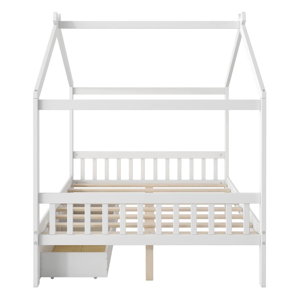 Alt View 8. Loheer - Loheer Full Size House Platform Bed with Two Drawers, Roof Design White Bed Frame for Kids - White.