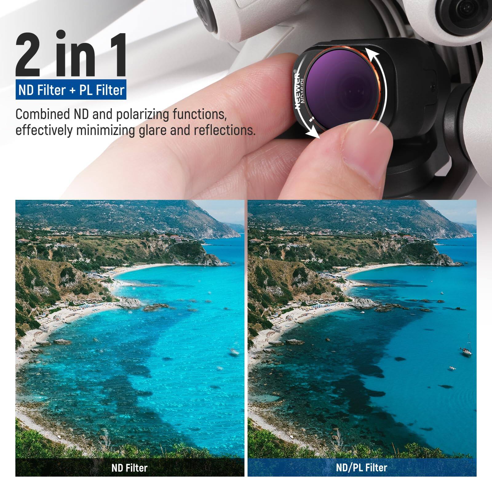 2 in 1  
ND Filter + PL Filter  

Combined ND and polarizing functions, effectively minimizing glare and reflections.  

ND Filter  
ND/PL Filter