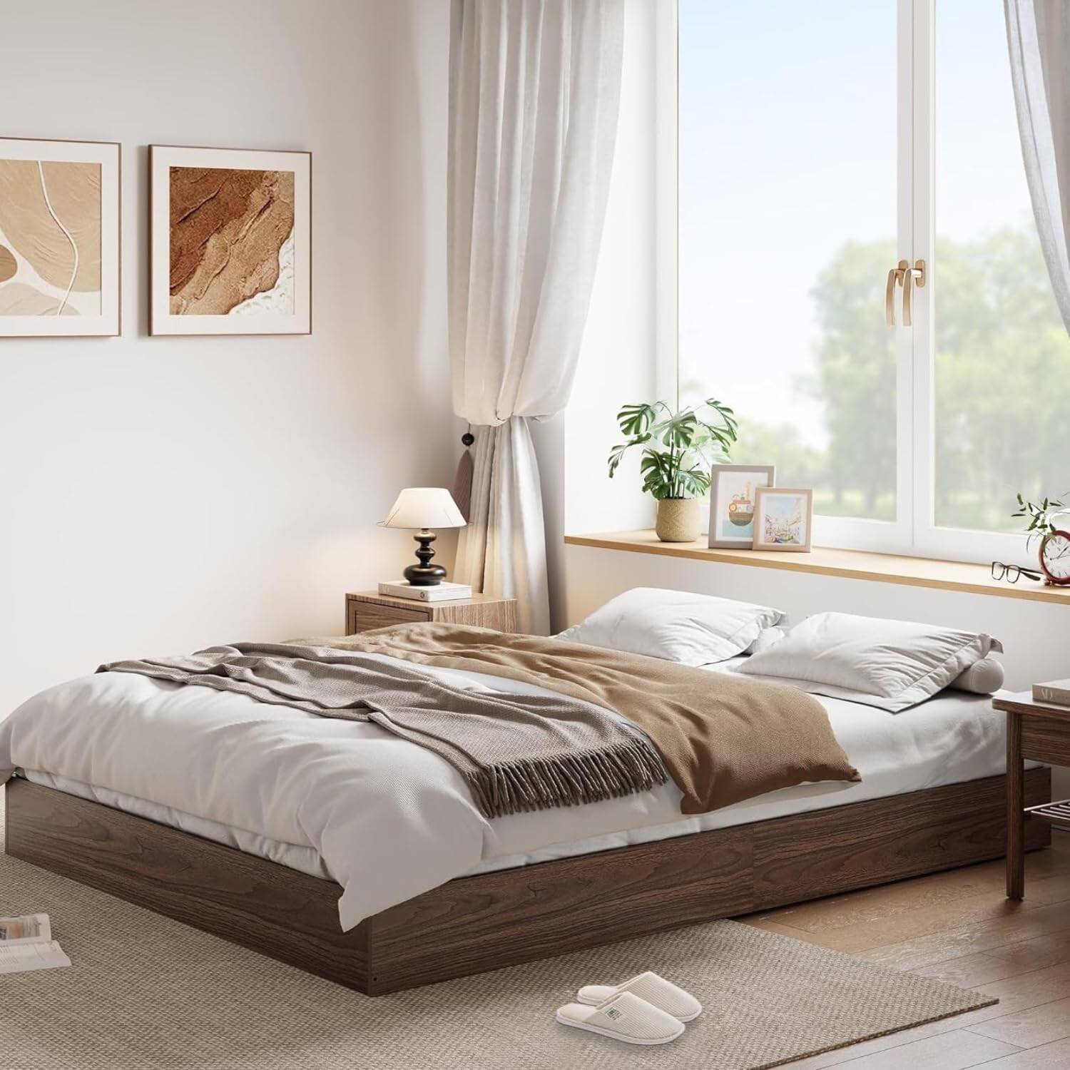 Front. GARVEE - Twin-XL Wood Platform Bed Frame, Slat Support, Easy Assembly, Walnut – Durable & Stylish for Teen Rooms - Walnut Wood.