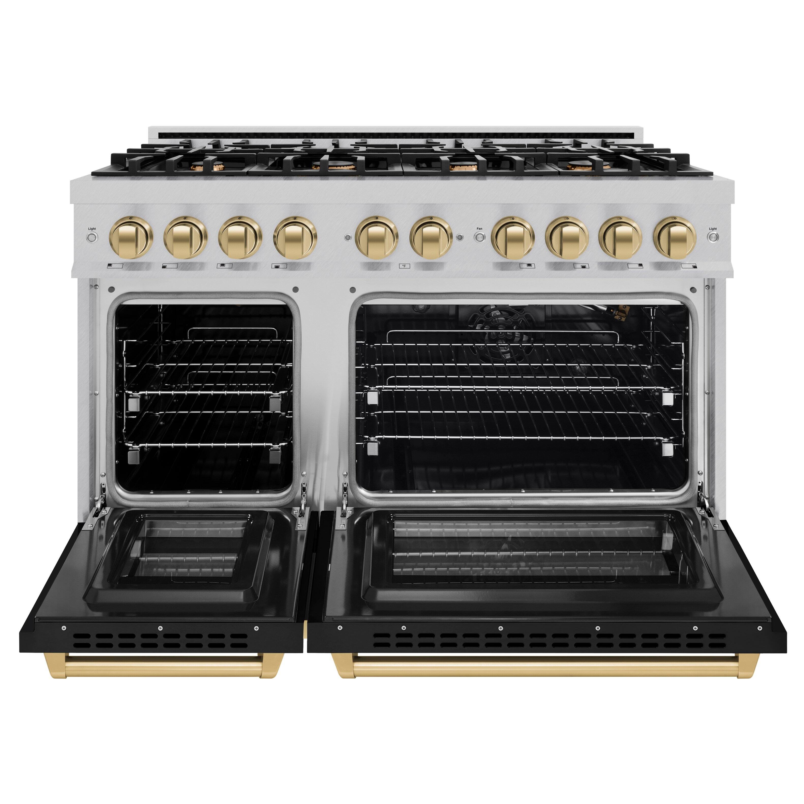 Left. ZLINE - ZLINE Autograph 48 in. 6.7 cu. ft. Freestanding Select Satin Steel Gas Range w/ Black Doors & Bronze Accents - Satin Stainless Steel.