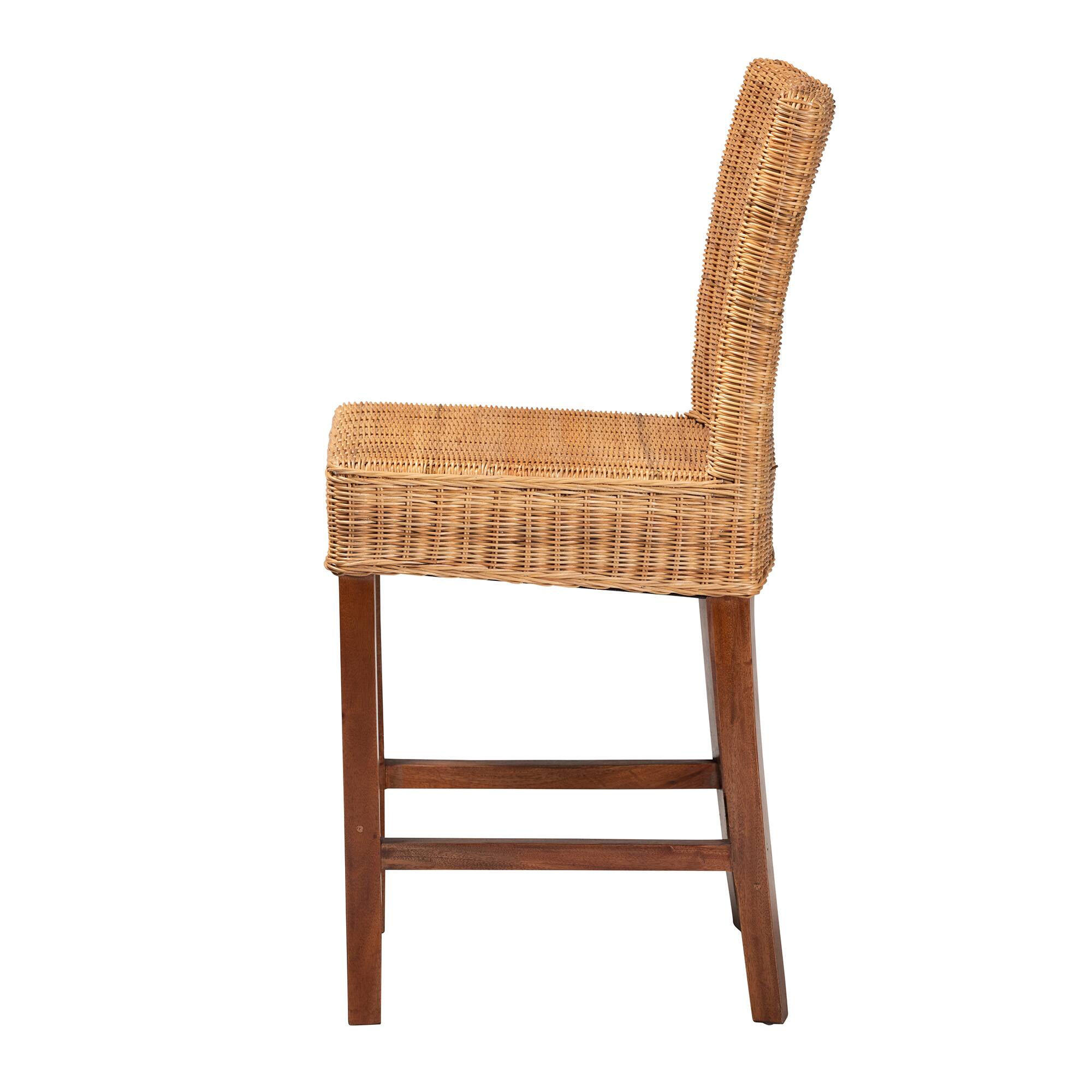 Left. bali & pari - Racquel Modern Bohemian Natural Rattan and Mahogany Wood Counter Stool - Natural Brown/Walnut Brown.