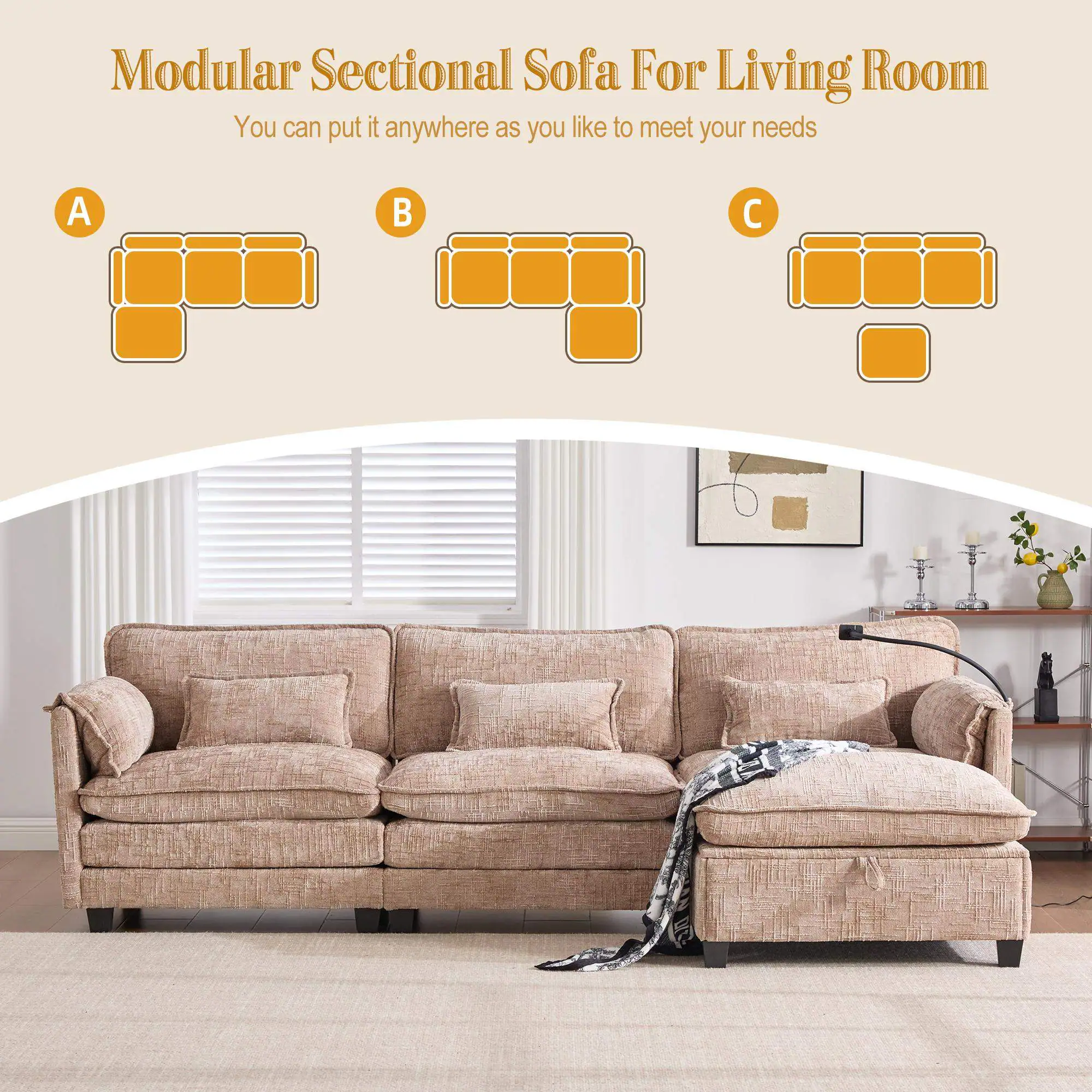 Modular Sectional Sofa For Living Room  
You can put it anywhere as you like to meet your needs  

A  
B  
C