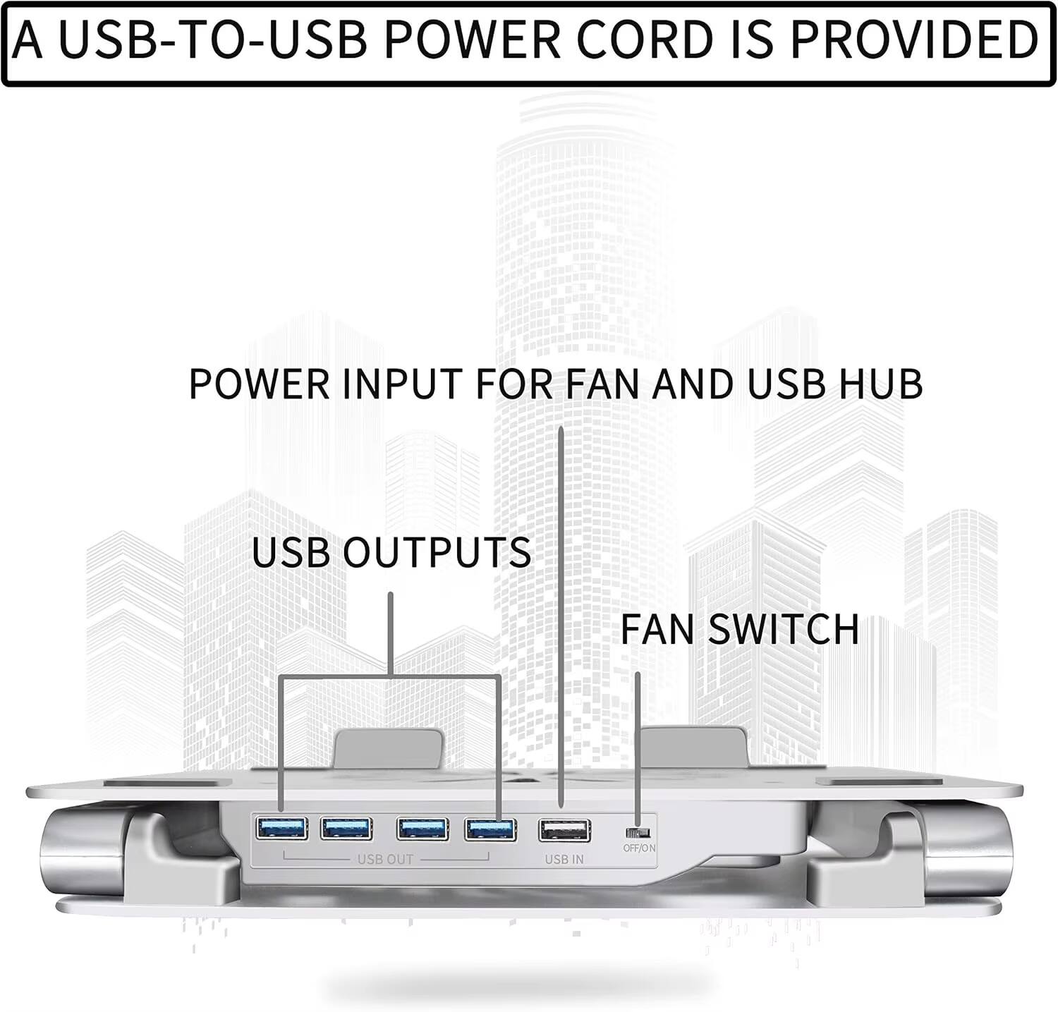 A USB-to-USB power cord is provided.  
Power input for fan and USB hub.  
USB outputs.  
Fan switch.  
USB out.  
USB in.  
Off/On.