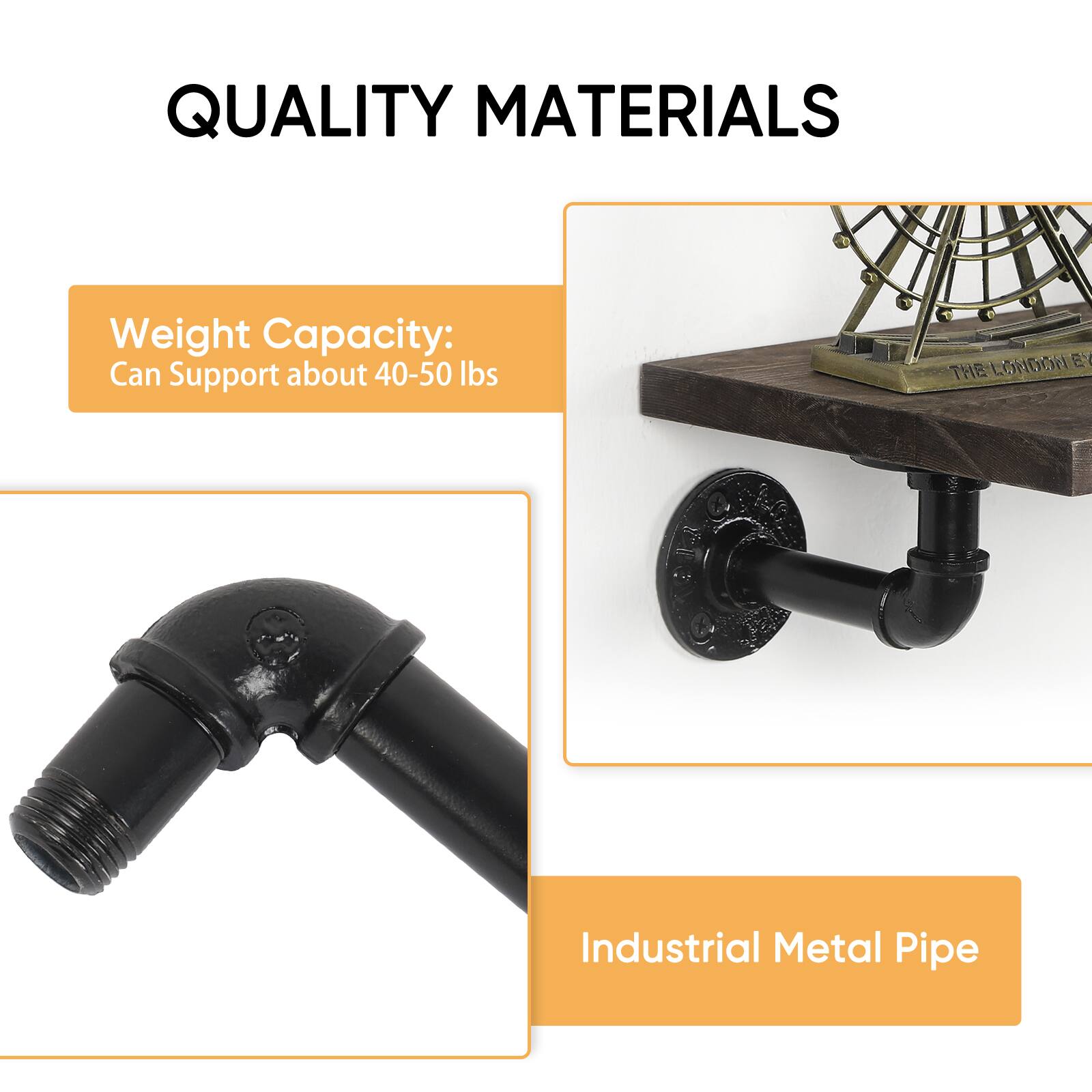 QUALITY MATERIALS

Weight Capacity: Can Support about 40-50 lbs

Industrial Metal Pipe