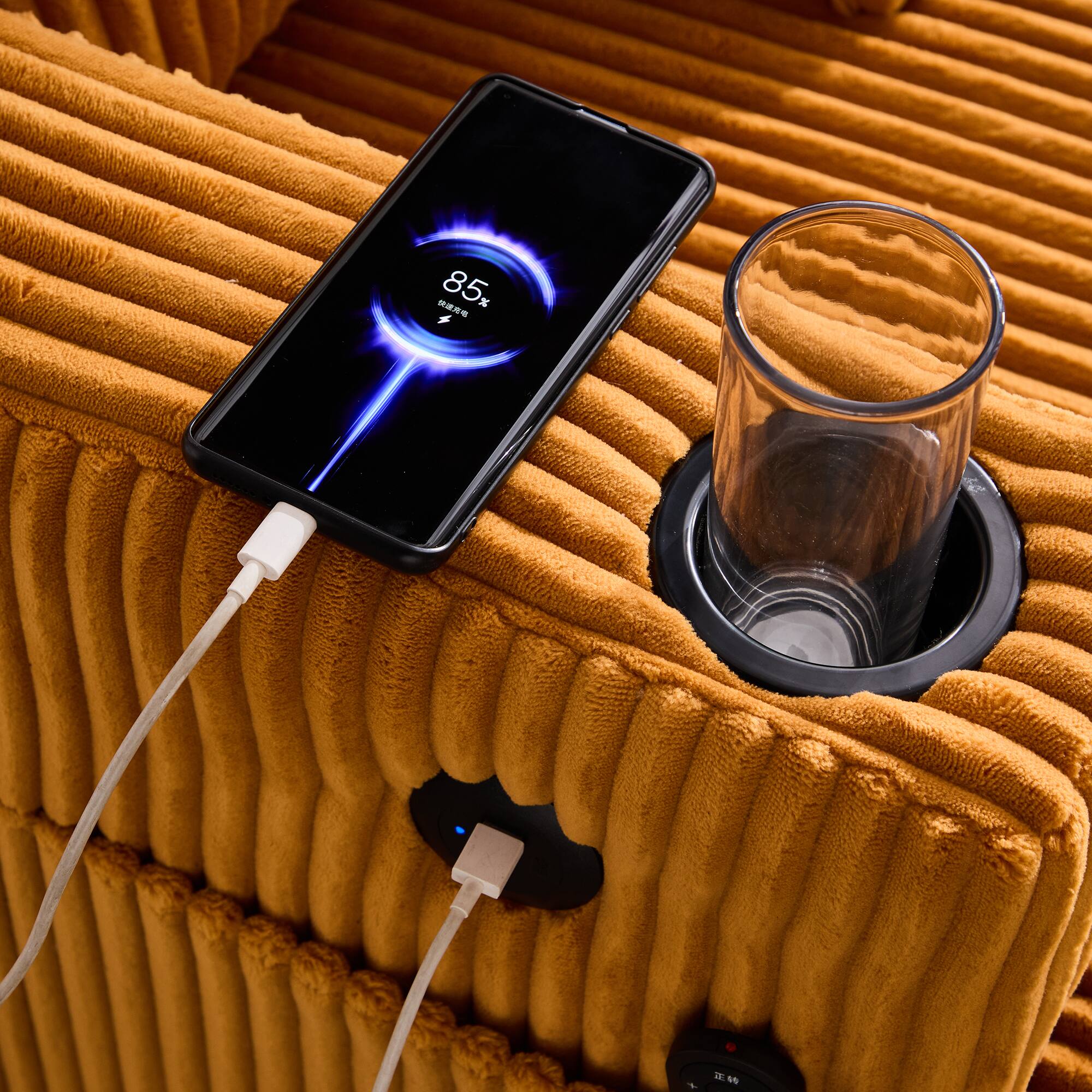 Back. Trinkets Crazed - Modern Corduroy Oversized Recliner Sofa with Deep Seat, USB Charging,RGB LED Light Strip - Mustard Yellow.