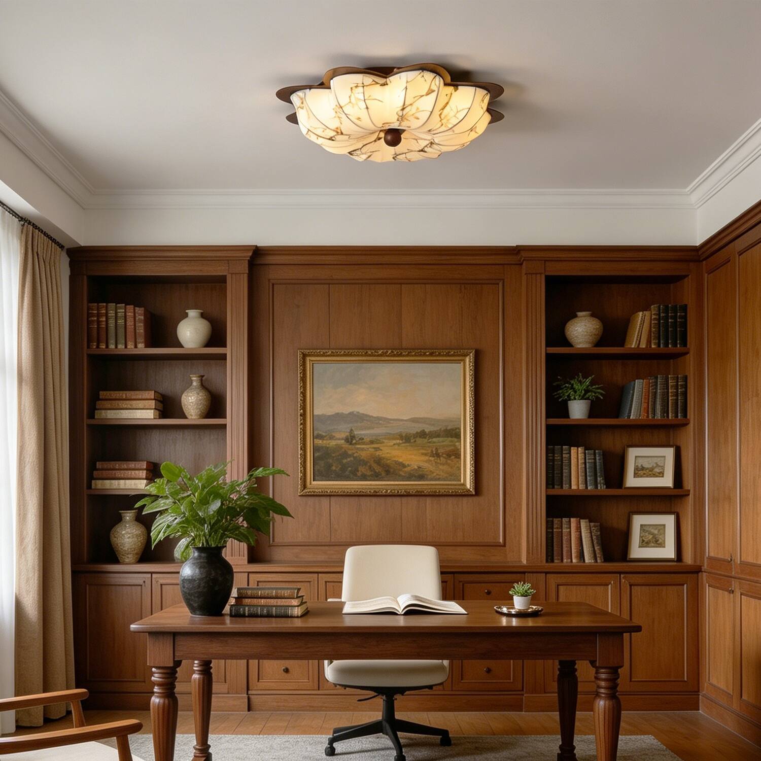 Alt View 4. Umeiluce - 19.7" Vintage LED Flush Mount Ceiling Light with Floral Fabric Shade Dimmable - Walnut.