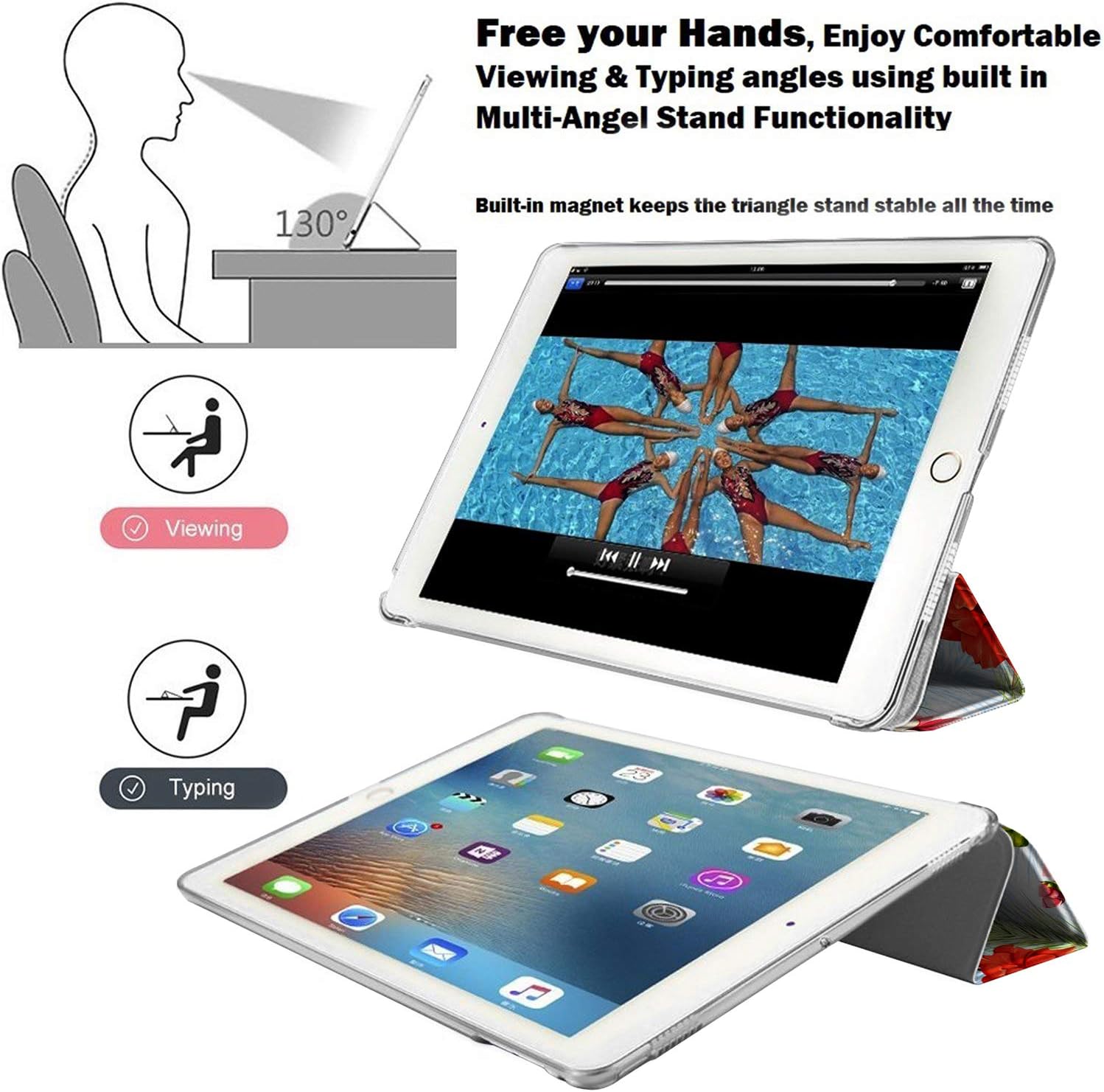 Free your Hands, Enjoy Comfortable Viewing & Typing angles using built in Multi-Angel Stand Functionality

130°

Built-in magnet keeps the triangle stand stable all the time

Viewing

Typing