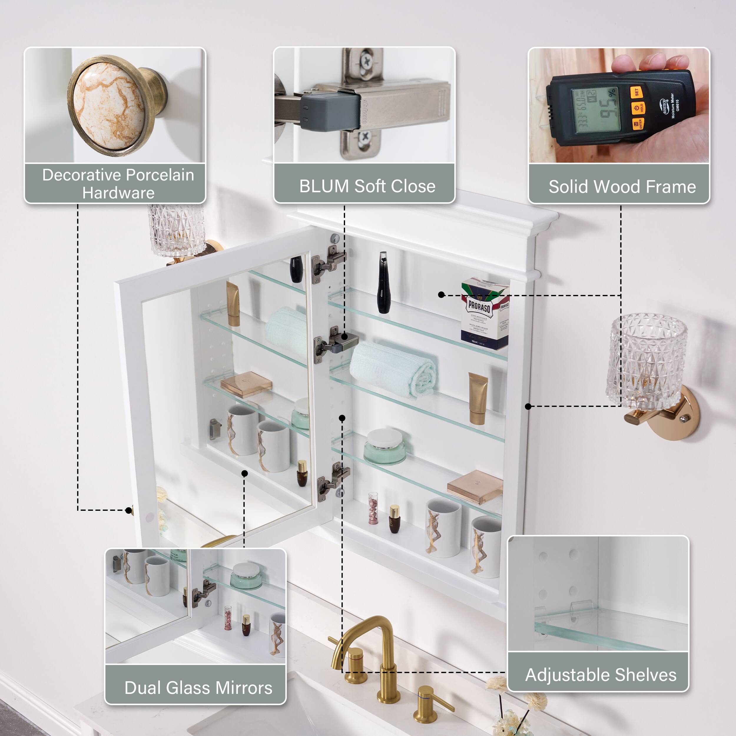 B 059-FEE 95 a o e I i i I Decorative Porcelain Hardware BLUM Soft Close Solid Wood Frame PRODASO Dual Glass Mirrors Adjustable Shelves