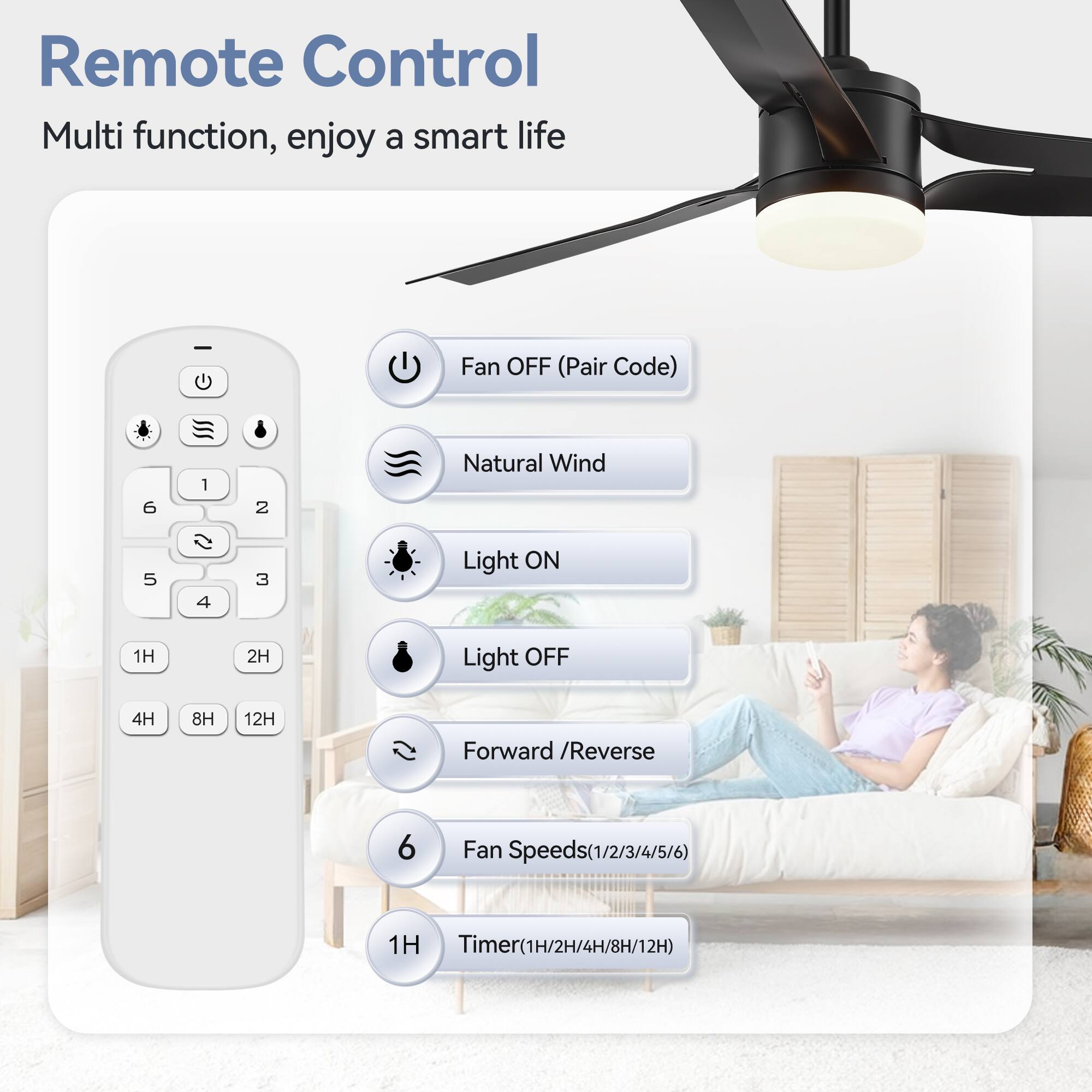 Remote Control
Multi function, enjoy a smart life
Fan OFF (Pair Code)
Natural Wind
Light ON
Light OFF
Forward /Reverse
Fan Speeds(1/2/3/4/5/6)
Timer(1H/2H/4H/8H/12H)