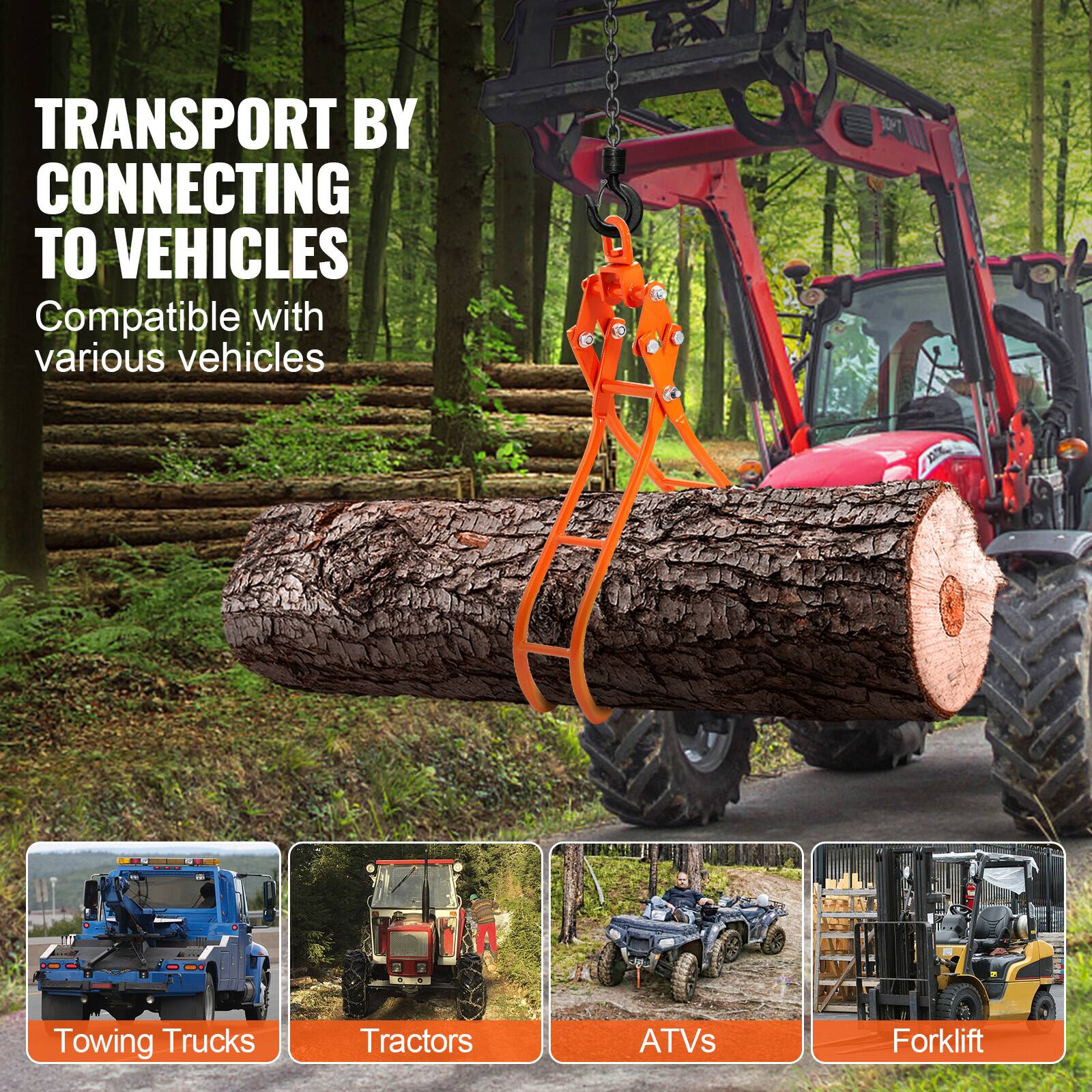 TRANSPORT BY CONNECTING TO VEHICLES  
Compatible with various vehicles  

- Towing Trucks  
- Tractors  
- ATVs  
- Forklift
