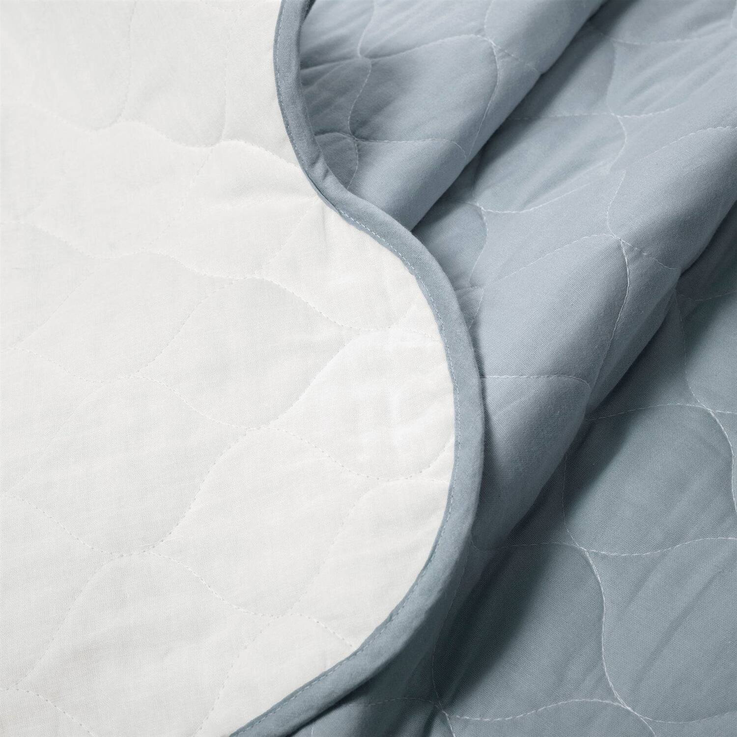 Back. Hivvago - Full/Queen White Blue Scalloped Edge Reversible Thin Light Quilt Set - White Blue.