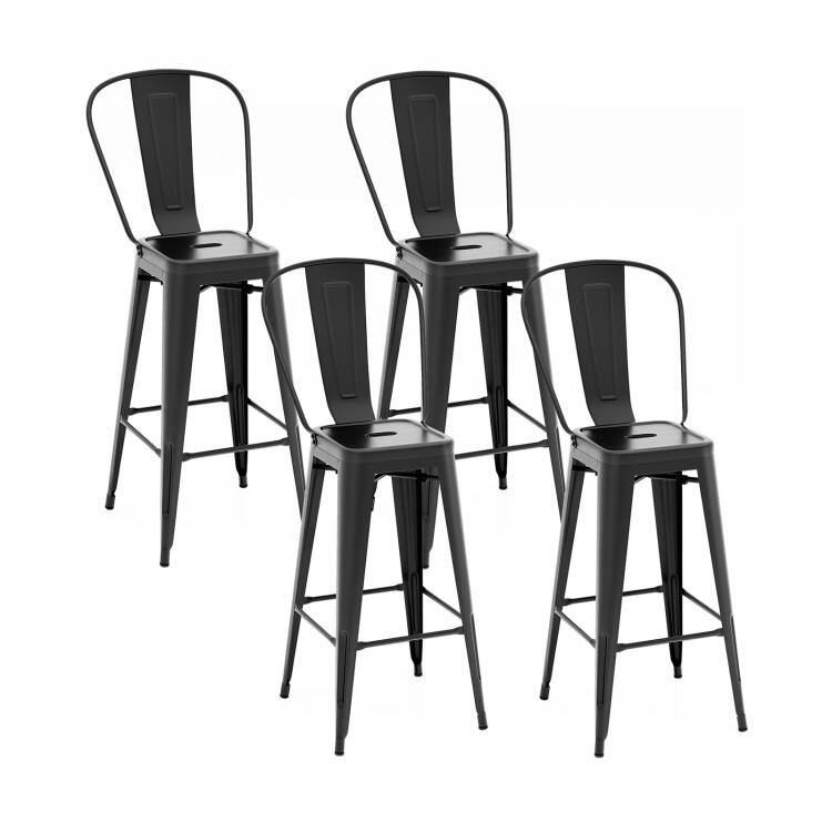 Angle. Mondawe - 24in Stackable Metal Bar Stool Set w/ Removable Backrest, Industrial Counter Height Chairs for Indoor Outdoor, 4Pcs - Black.