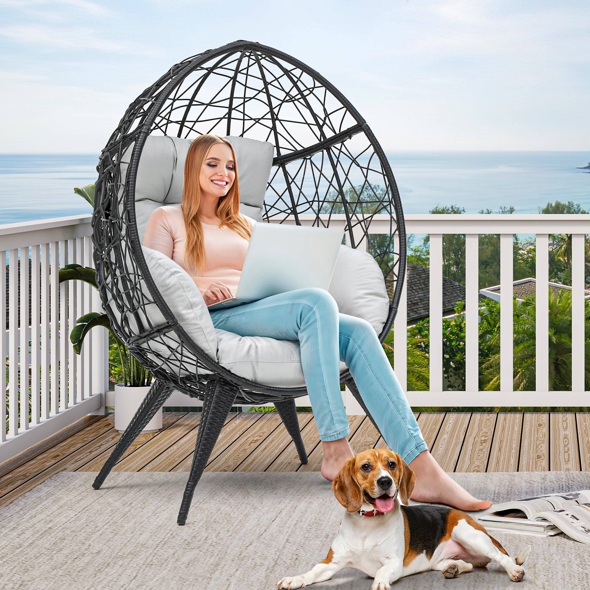 Fabibe - Large Wicker Egg Chair with Stand for Indoor and Outdoor, Cushion, and Adjustable Leveling Feet, Large Lounger for - Gray