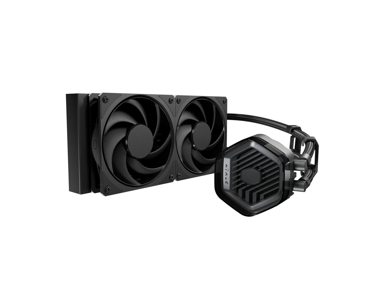 Angle. Cooler Master - Cooler Master 240 Atmos Stealth AIO, R9|i7 Pump, Custom Cover, AM5/4, LGA 1851|1700 - Stealth.
