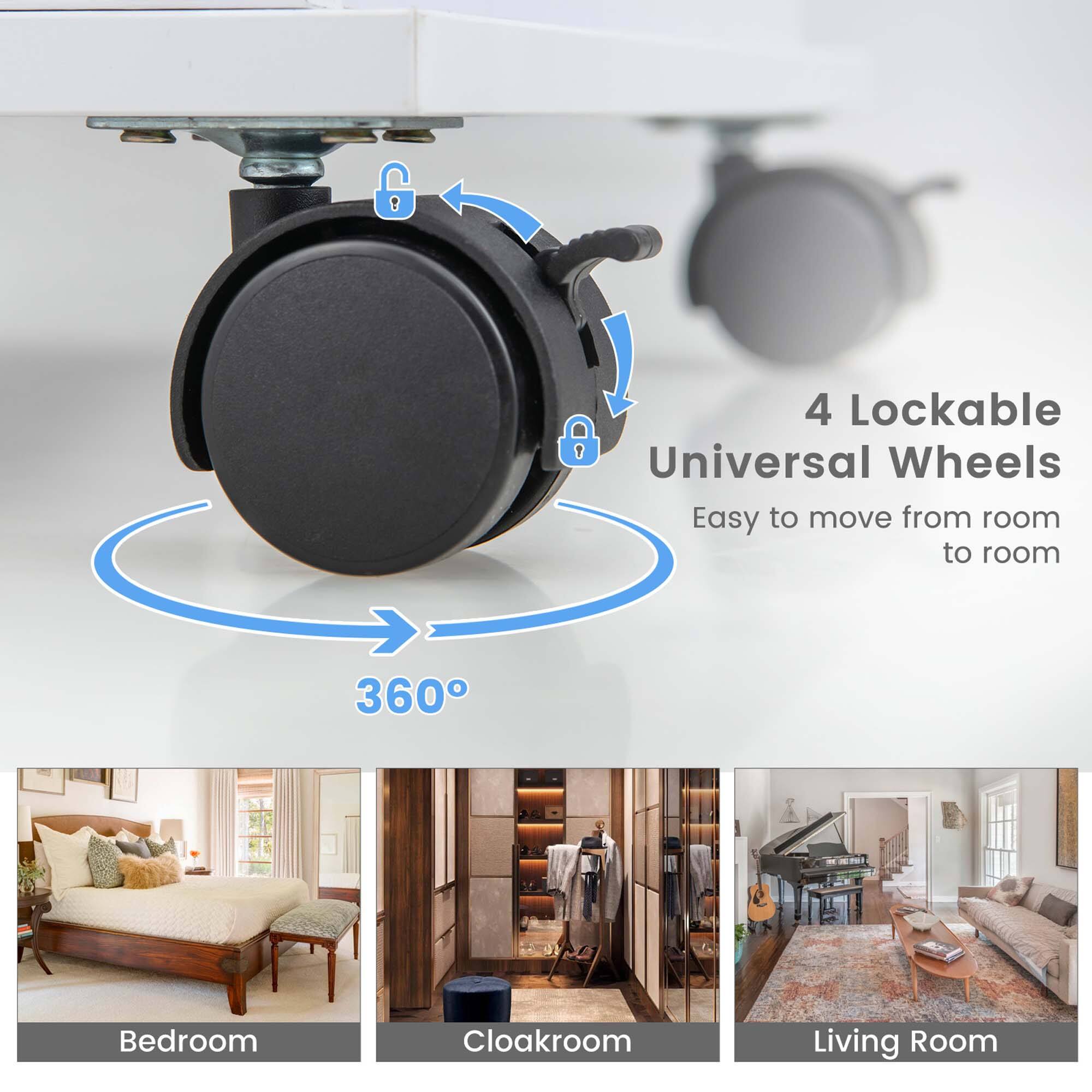 4 Lockable Universal Wheels Easy to move from room to room 360 Bedroom Cloakroom Living Room