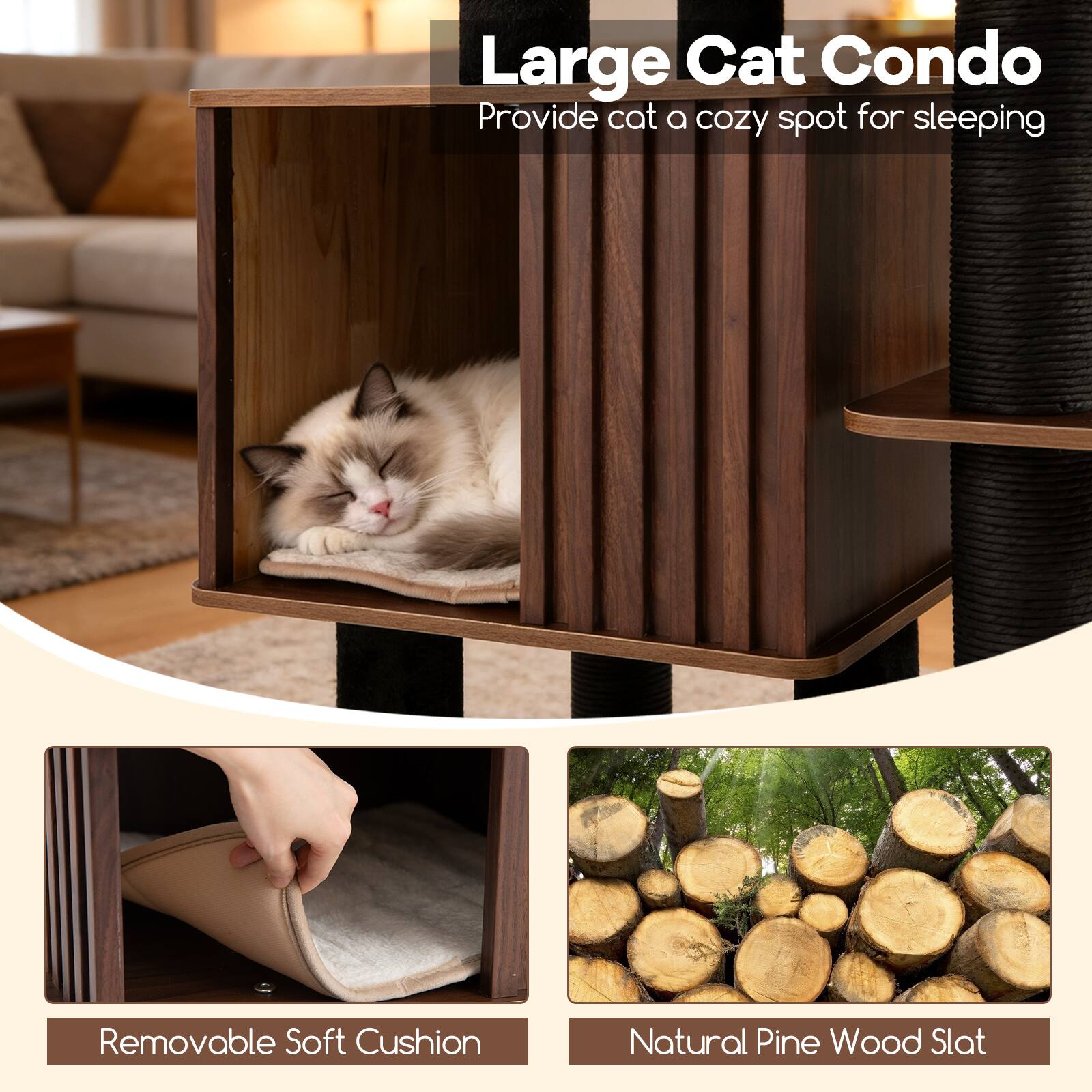 Large Cat Condo  
Provide cat a cozy spot for sleeping  

Removable Soft Cushion  
Natural Pine Wood Slat