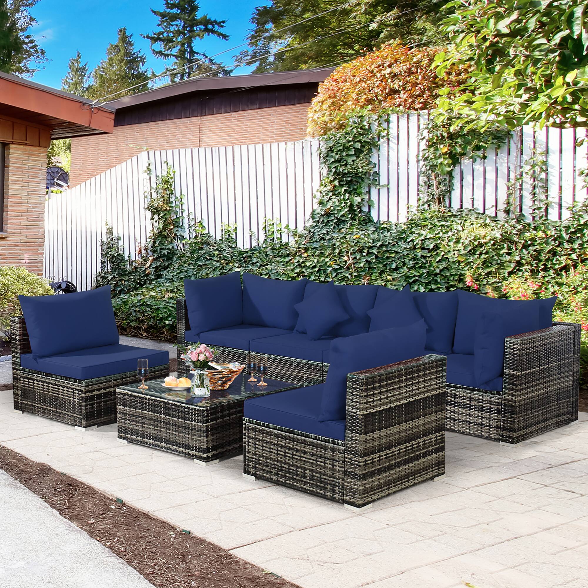 Alt View 3. Costway - 7PCS Patio Rattan Furniture Set Sectional Sofa Garden Cushion - Navy.