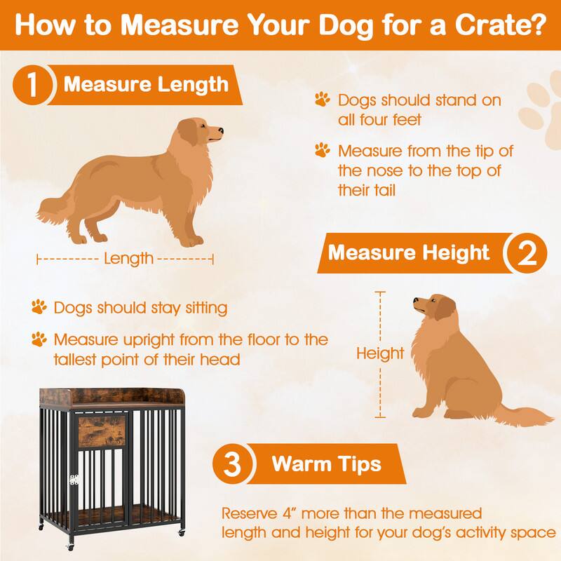 How to Measure Your Dog for a Crate?

1. Measure Length
   - Dogs should stand on all four feet
   - Measure from the tip of the nose to the top of their tail
   - Length

2. Measure Height
   - Dogs should stay sitting
   - Measure upright from the floor to the tallest point of their head
   - Height

3. Warm Tips
   - Reserve 4" more than the measured length and height for your dog's activity space