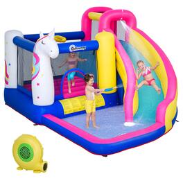 Outsunny - Inflatable Water Slide Bounce House, Trampoline, Climbing Wall, Water Cannon, Splash Pool, Unicorn Themed, 3-8