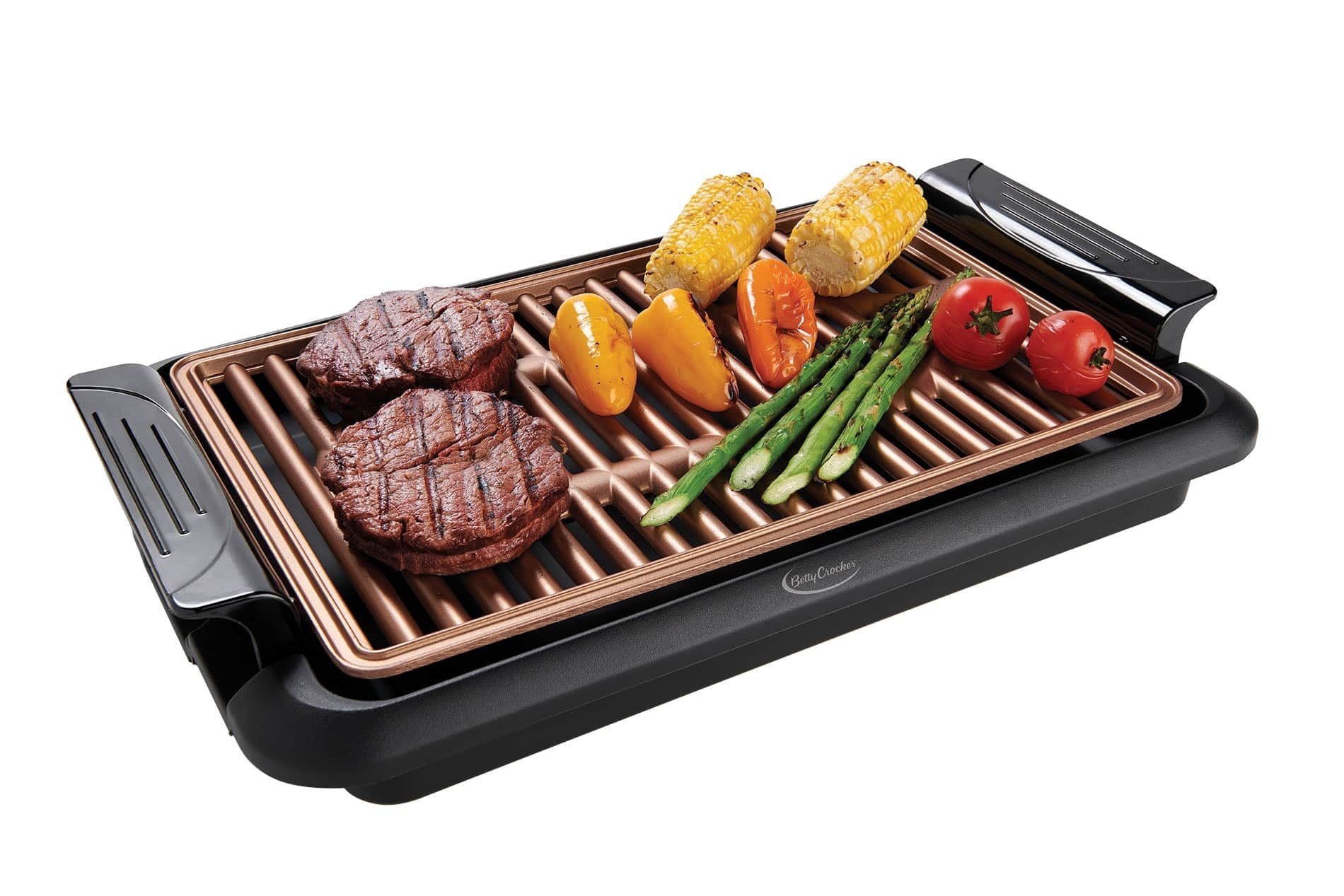 Betty Crocker - Indoor Smokeless Grill, 10 x 15 inch Copper Coated Nonstick Cooking Surface - Black