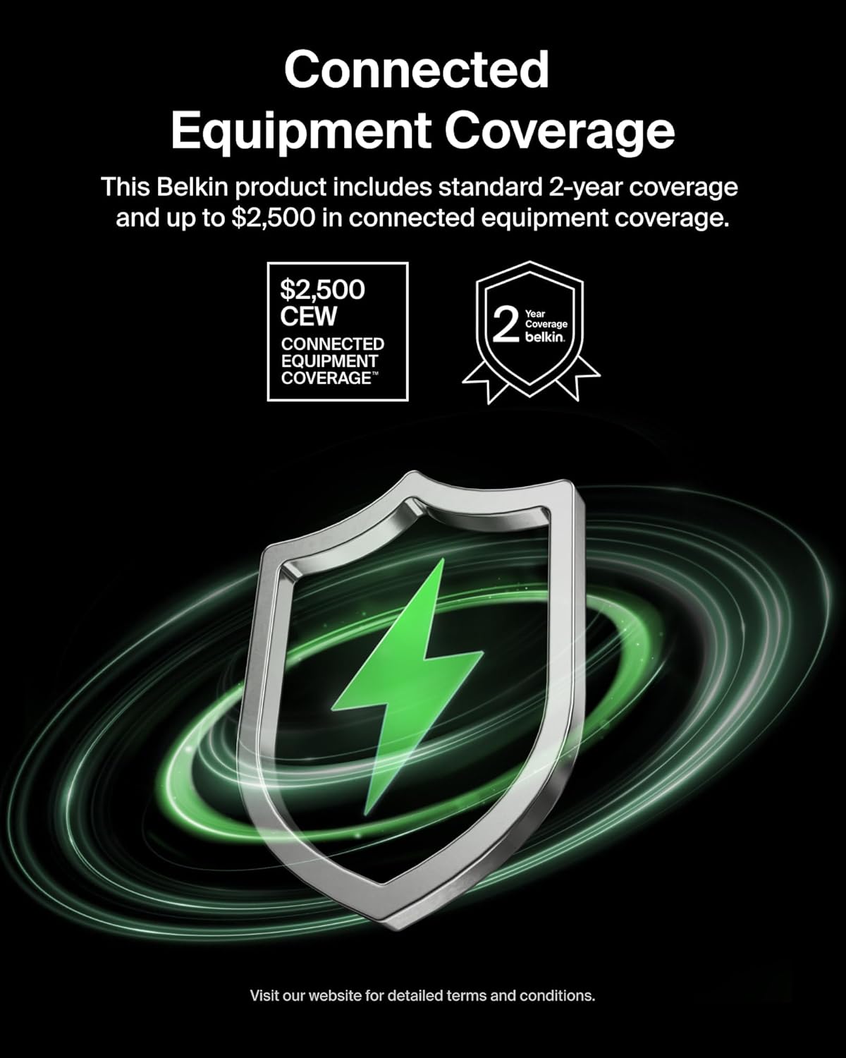 Connected Equipment Coverage
This Belkin product includes standard 2-year coverage and up to $2,500 in connected equipment coverage.
$2,500 CEW CONNECTED EQUIPMENT COVERAGE
Year 2 belkin Coverage
Visit our website for detailed terms and conditions.