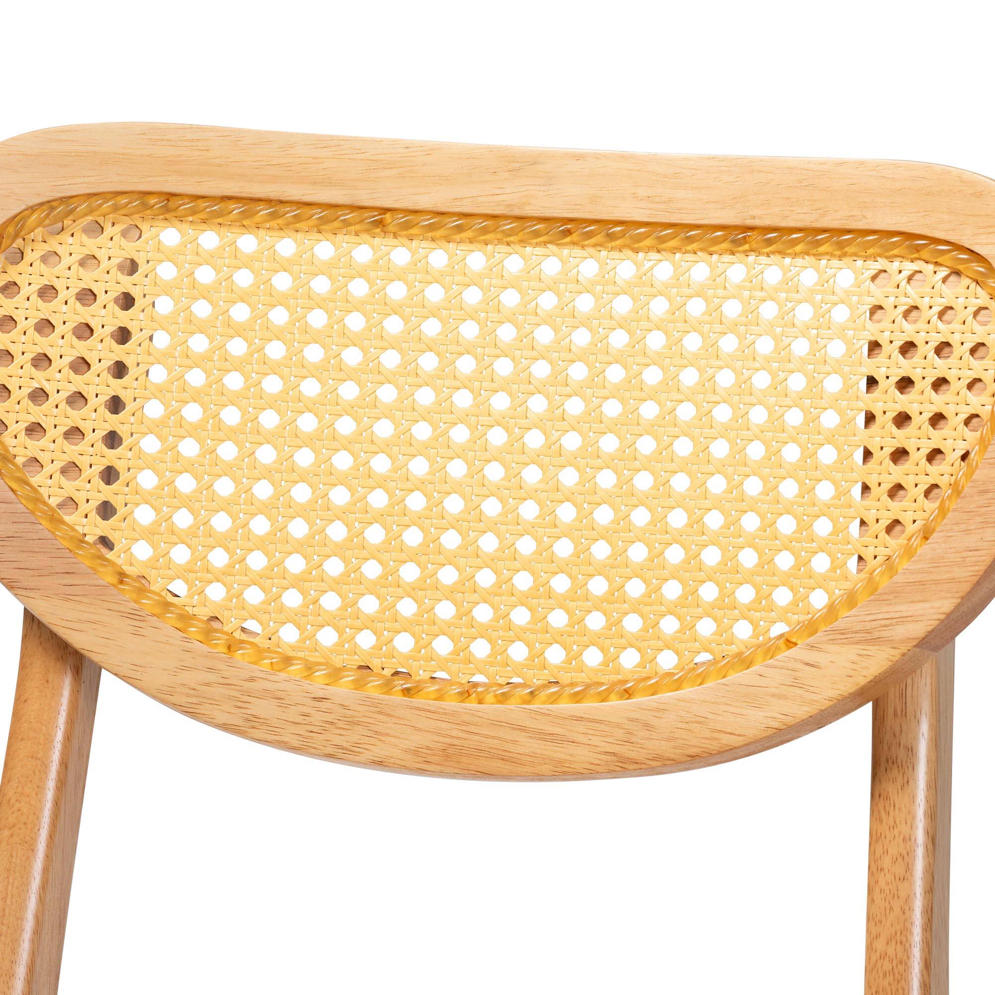 Back. Baxton Studio - Nenet Mid-Century Modern Oak Finished Wood and Rattan 2-Piece Dining Chair Set - Oak Brown/Light Brown.