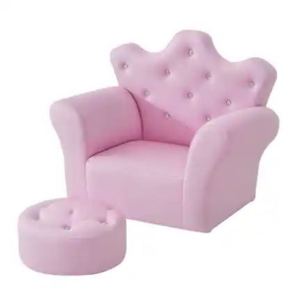 Front. Qaba - Kids Sofa Set, Children's Upholstered Sofa, Footstool, Princess Sofa, Diamond Decorations, Baby Sofa Chair, Toddlers - Pink.