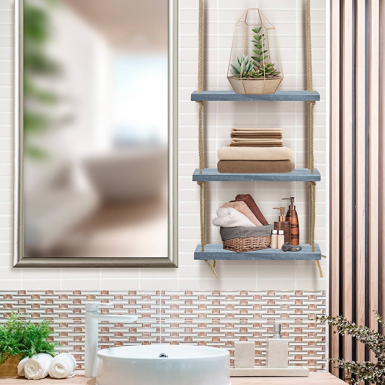 Alt View 3. Sorbus - Sorbus Wood Hanging Shelf 3-Tier Rustic Wood Swing Storage - Grey.