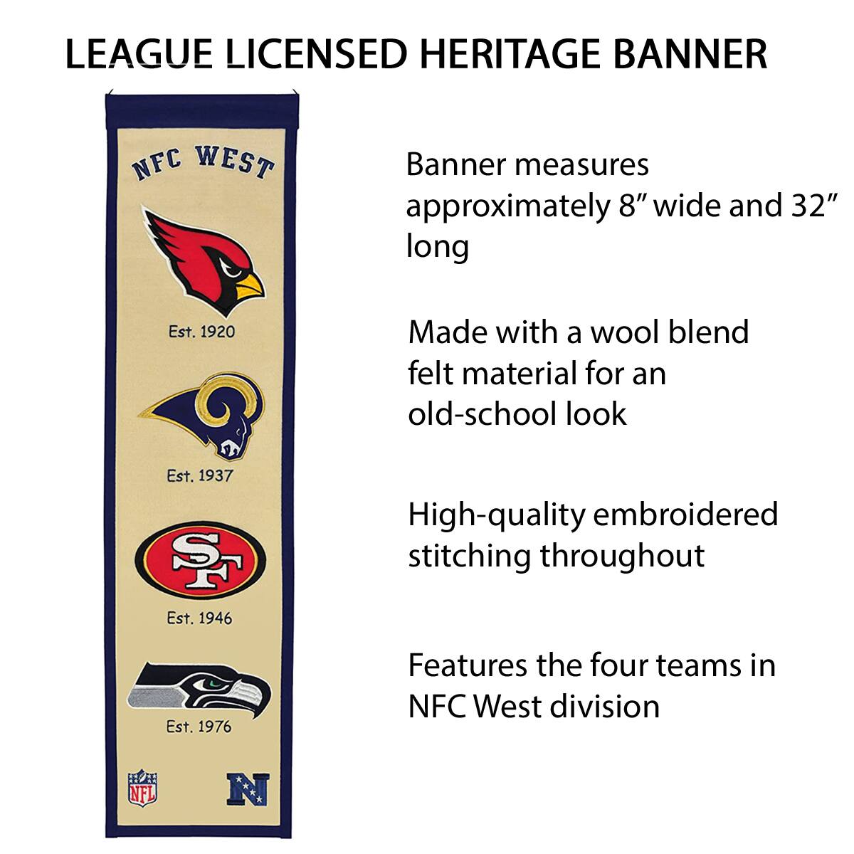 LEAGUE LICENSED HERITAGE BANNER

NFC WEST

Banner measures approximately 8" wide and 32" long

Made with a wool blend felt material for an old-school look

High-quality embroidered stitching throughout

Features the four teams in NFC West division

Est. 1920
Est. 1937
Est. 1946
Est. 1976

NFL
N