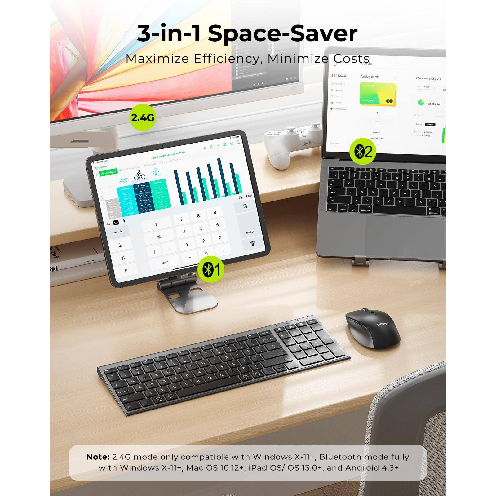 3-in-1 Space-Saver  
Maximize Efficiency, Minimize Costs  

2.4G  
2  
1  

Note: 2.4G mode only compatible with Windows X-11+, Bluetooth mode fully with Windows X-11+, Mac OS 10.12+, iPad OS/iOS 13.0+, and Android 4.3+