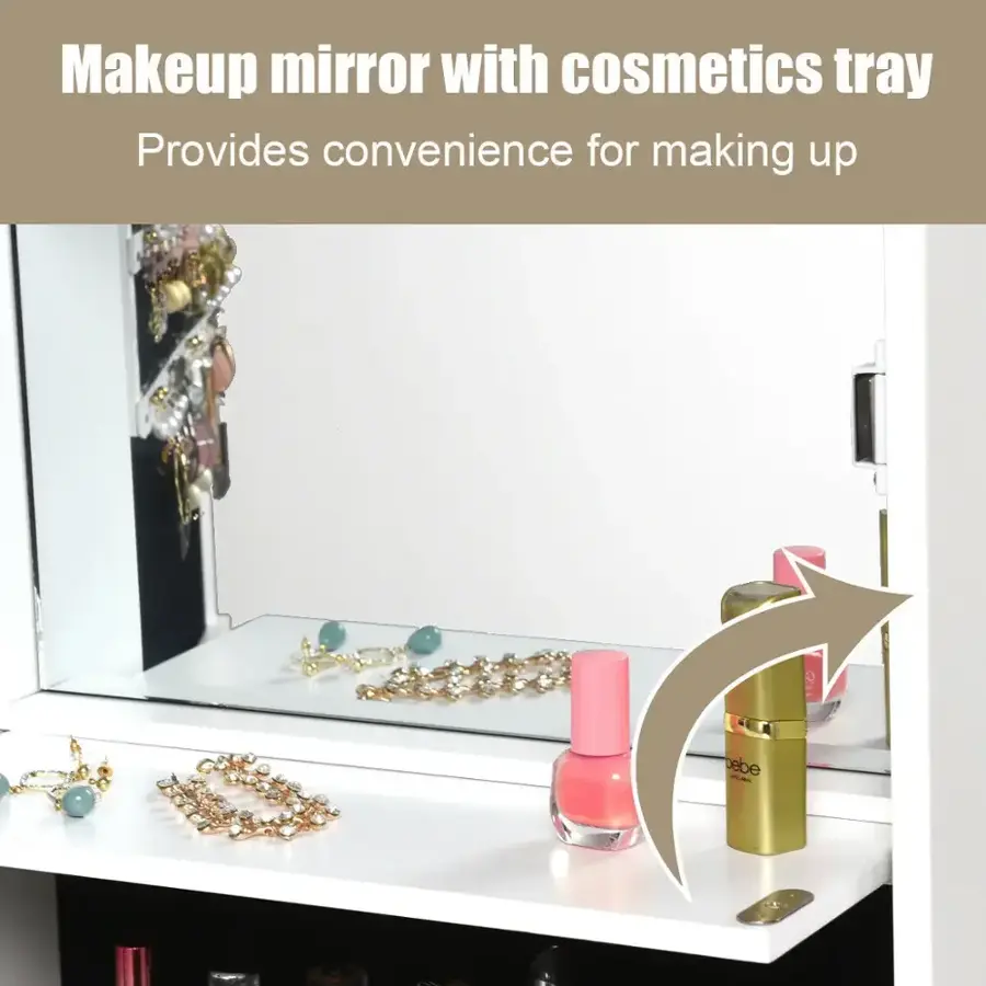 Makeup mirror with cosmetics tray Provides convenience for making up beauty.