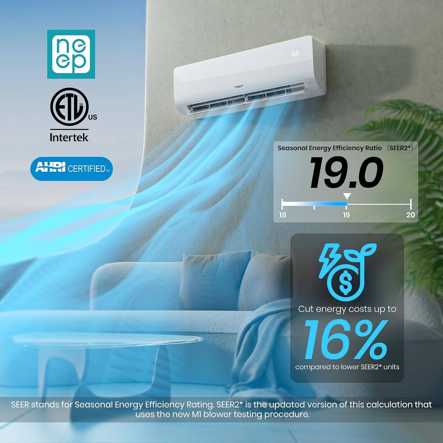ne ep ETU US Intertek AHRI CERTIFIED

TOSOV

66 Seasonal Energy Efficiency Ratio SEER2*) 19.0

18 19 20

$ Cut energy costs up to 16% compared to lower SEER2* units

SEER stands for Seasonal Energy Efficiency Rating. SEER2* is the updated version of this calculation that uses the new M1 blower testing procedure.