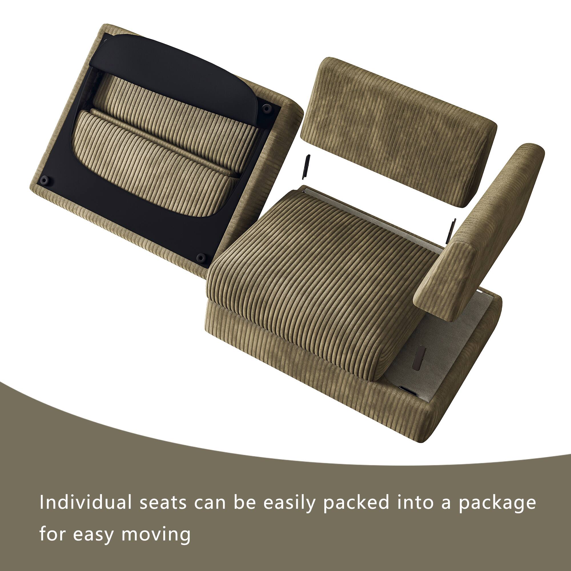 Individual seats can be easily packed into a package for easy moving.