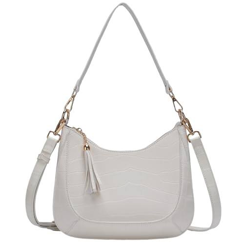 Front. DORLUKFU - Crossbody Purse for Women, Small Vegan Leather Shoulder Bag Ladies Crescent Handbags with Detachable Strap - Croc-e White.