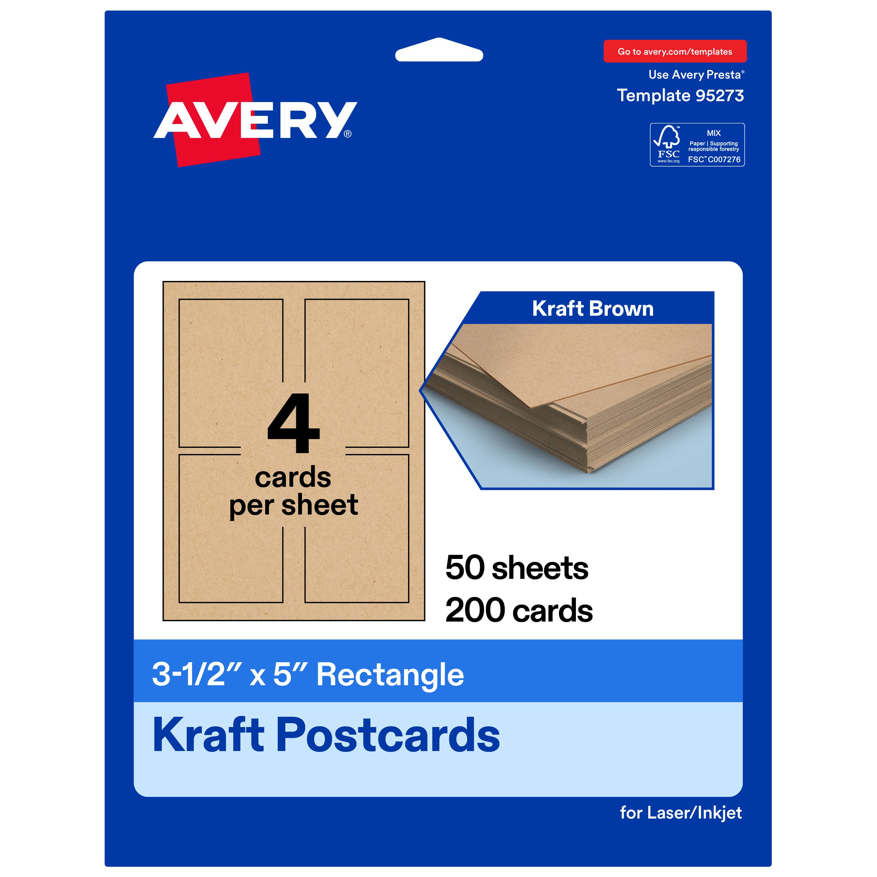 Go to avery.com/templates  
Use Avery Presta™ Template 95273  
Kraft Brown  
4 cards per sheet  
50 sheets  
200 cards  
3-1/2" x 5" Rectangle Kraft Postcards for Laser/Inkjet