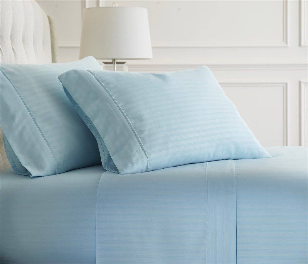 Left. Plazatex - 1800 Series Embossed Striped Wrinkle Resistant Sheet 4pc Set King - Light Blue - Light Blue.