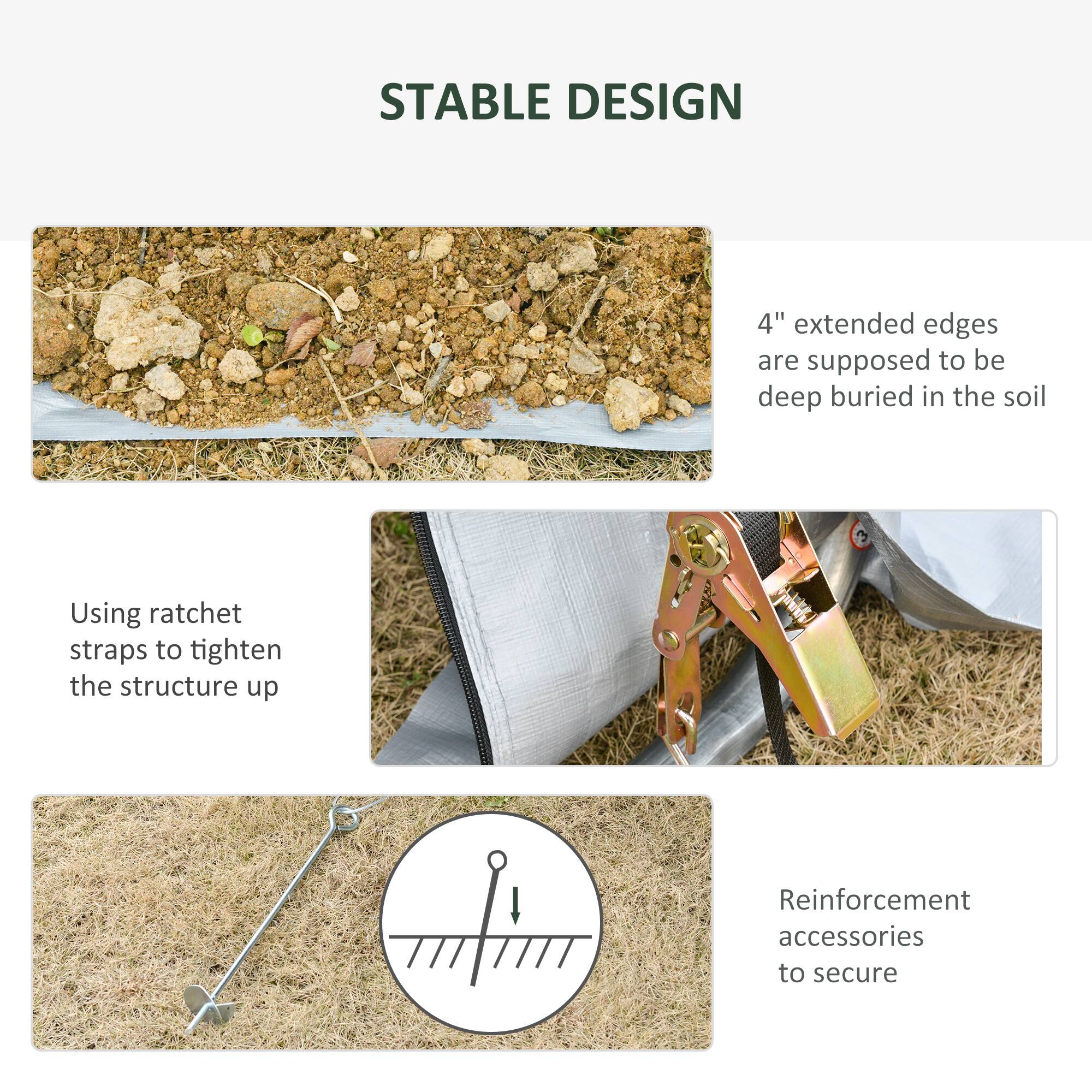 STABLE DESIGN

4" extended edges are supposed to be deep buried in the soil

Using ratchet straps to tighten the structure up

Reinforcement accessories to secure