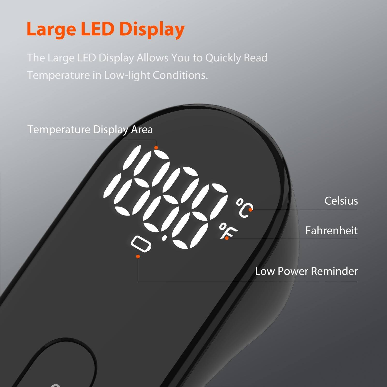 Large LED Display

The Large LED Display Allows You to Quickly Read Temperature in Low-light Conditions.

Temperature Display Area

Celsius

Fahrenheit

Low Power Reminder