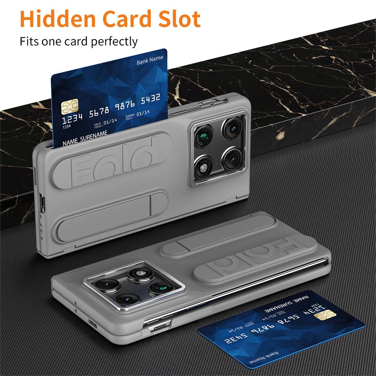 Hidden Card Slot  
Fits one card perfectly  

Bank Name  
1234 5678 9876 5432  
VALID 01/19  
1234  

NAME SURNAME  

Fold  
PO  
NAME SURNAME  

2 WEST E/TD  
5678  
T/% 9876 5432