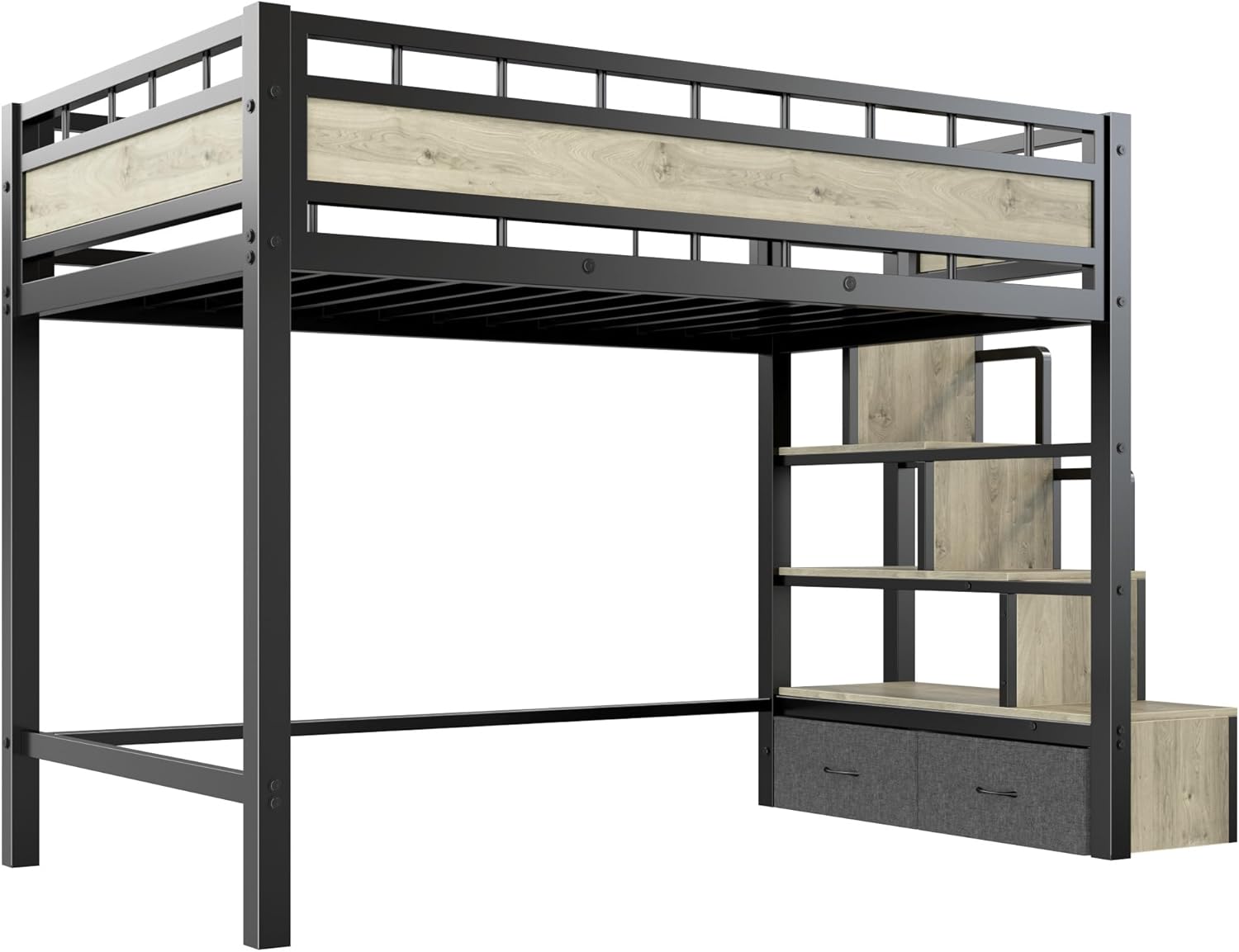 Front. Decksplore - Loft Bed Twin Size with Stairs, Heavy Duty Metal Loft Bed Frame with Built-in Storage and Large Under-Bed Space - Black.