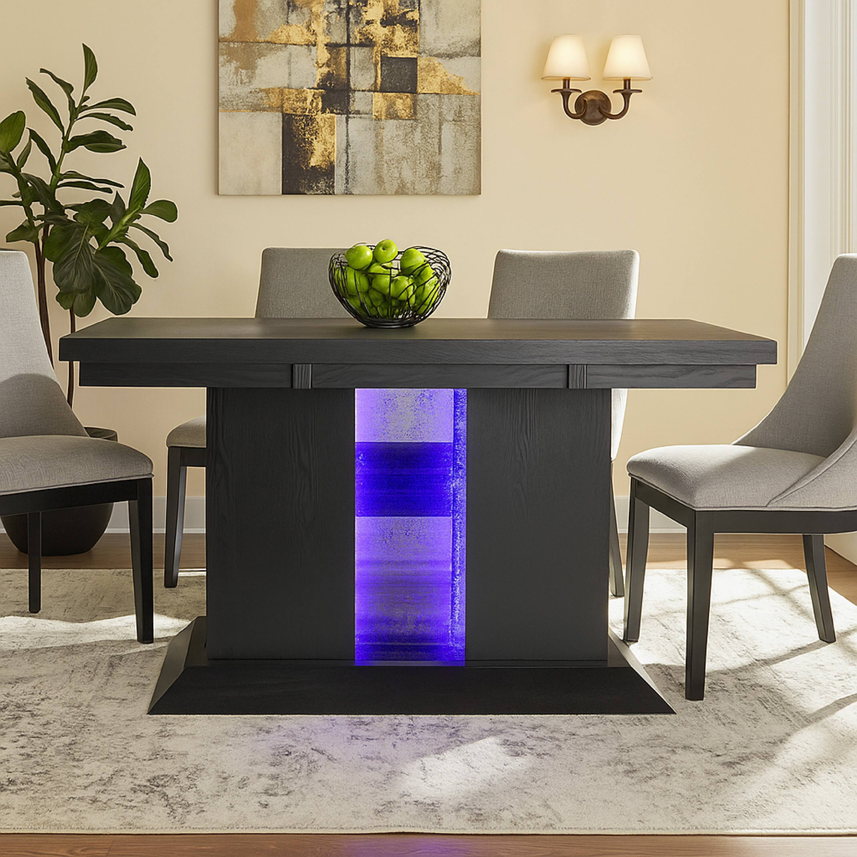 Alt View 5. Manhattan Lane - Wooden Dining Table with Pedestal Base Legs and LED Light, Black - Black.